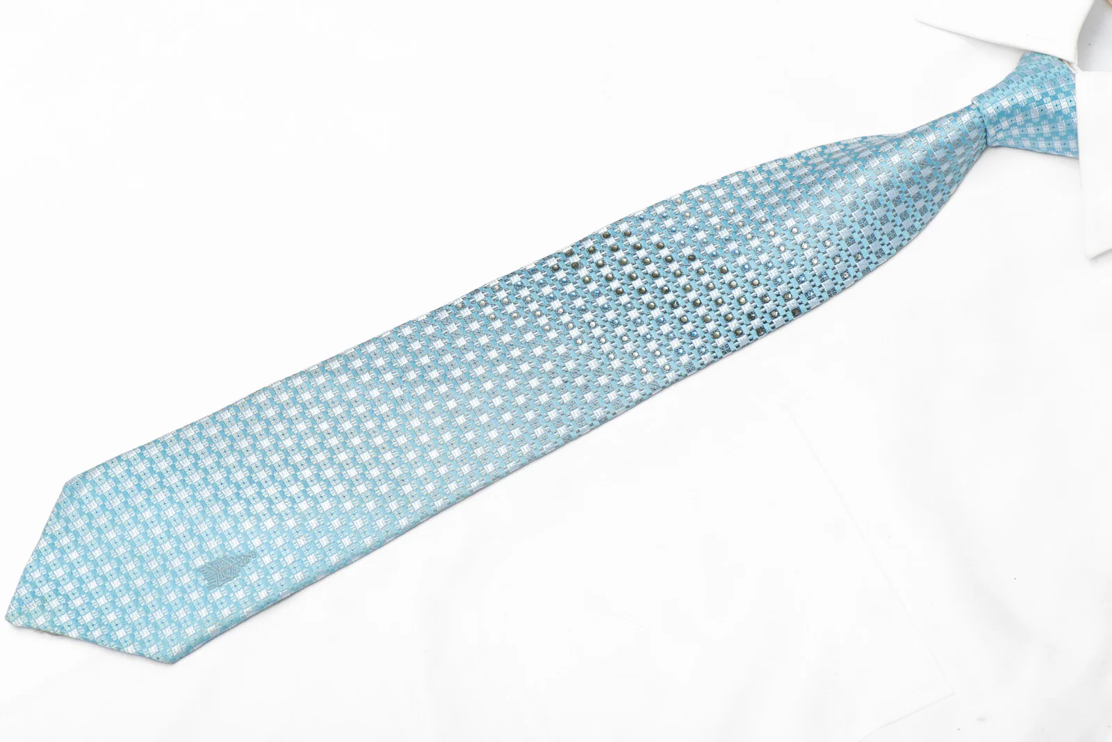 Pale Blue Silver Checkered Rhinestone Silk Necktie With Blue Sparkles - Image 3
