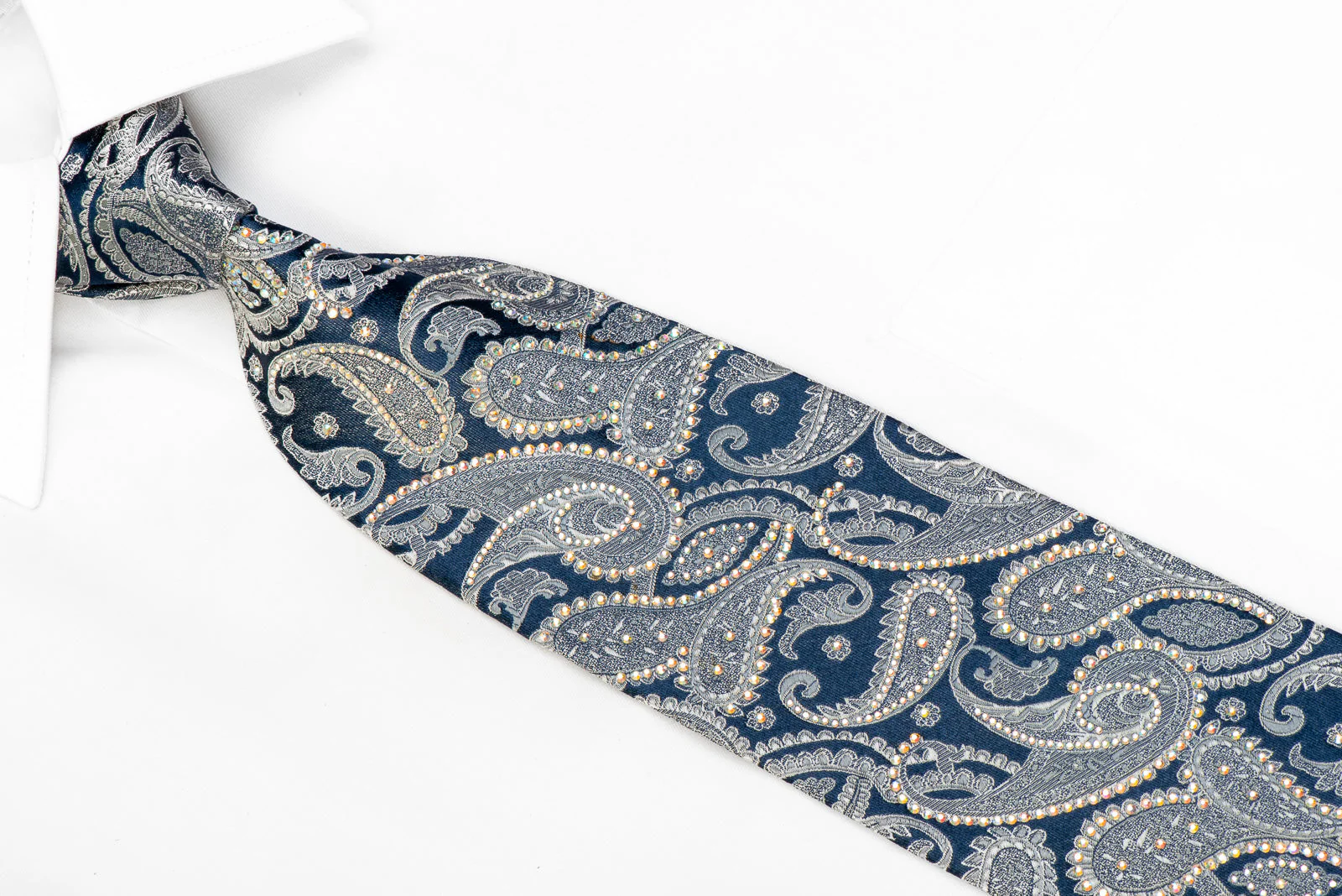 Louis-Quatorze-95 Men's Rhinestone Necktie Silver Paisley On Blue - Image 2