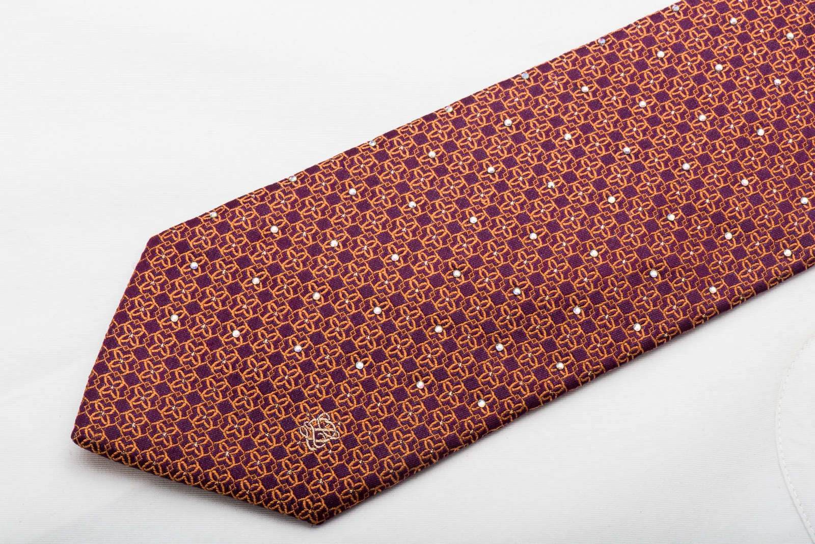 Louis Quatorze Crystal Rhinestone Necktie Gold Trellis On Burgundy Silk With Sparkles - Image 2