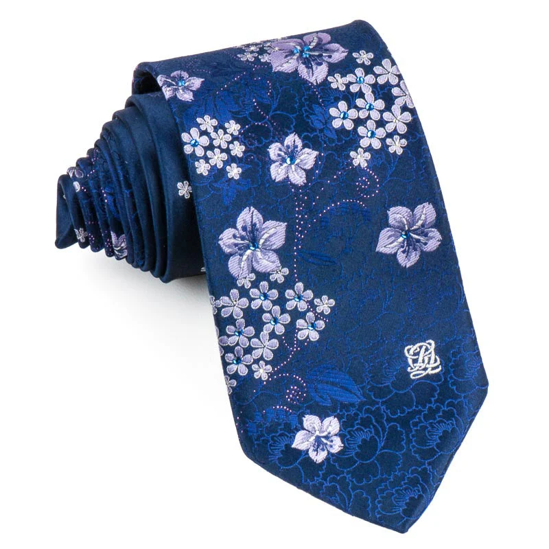 Louis Quatorze Crystal Swarovski Rhinestone Tie Floral On Navy Blue Necktie