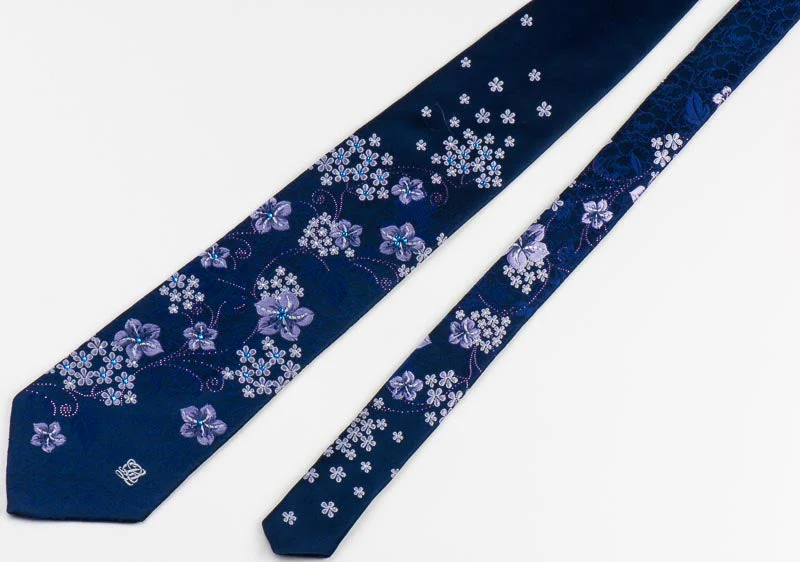 Louis Quatorze Crystal Swarovski Rhinestone Tie Floral On Navy Blue Necktie - Image 2