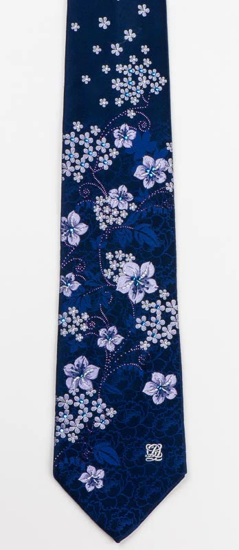 Louis Quatorze Crystal Swarovski Rhinestone Tie Floral On Navy Blue Necktie - Image 3