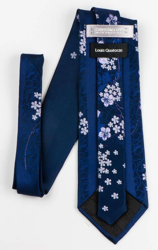 Louis Quatorze Crystal Swarovski Rhinestone Tie Floral On Navy Blue Necktie - Image 5