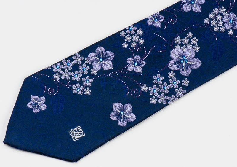 Louis Quatorze Crystal Swarovski Rhinestone Tie Floral On Navy Blue Necktie - Image 6