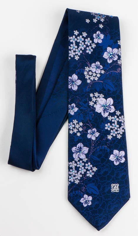 Louis Quatorze Crystal Swarovski Rhinestone Tie Floral On Navy Blue Necktie - Image 8