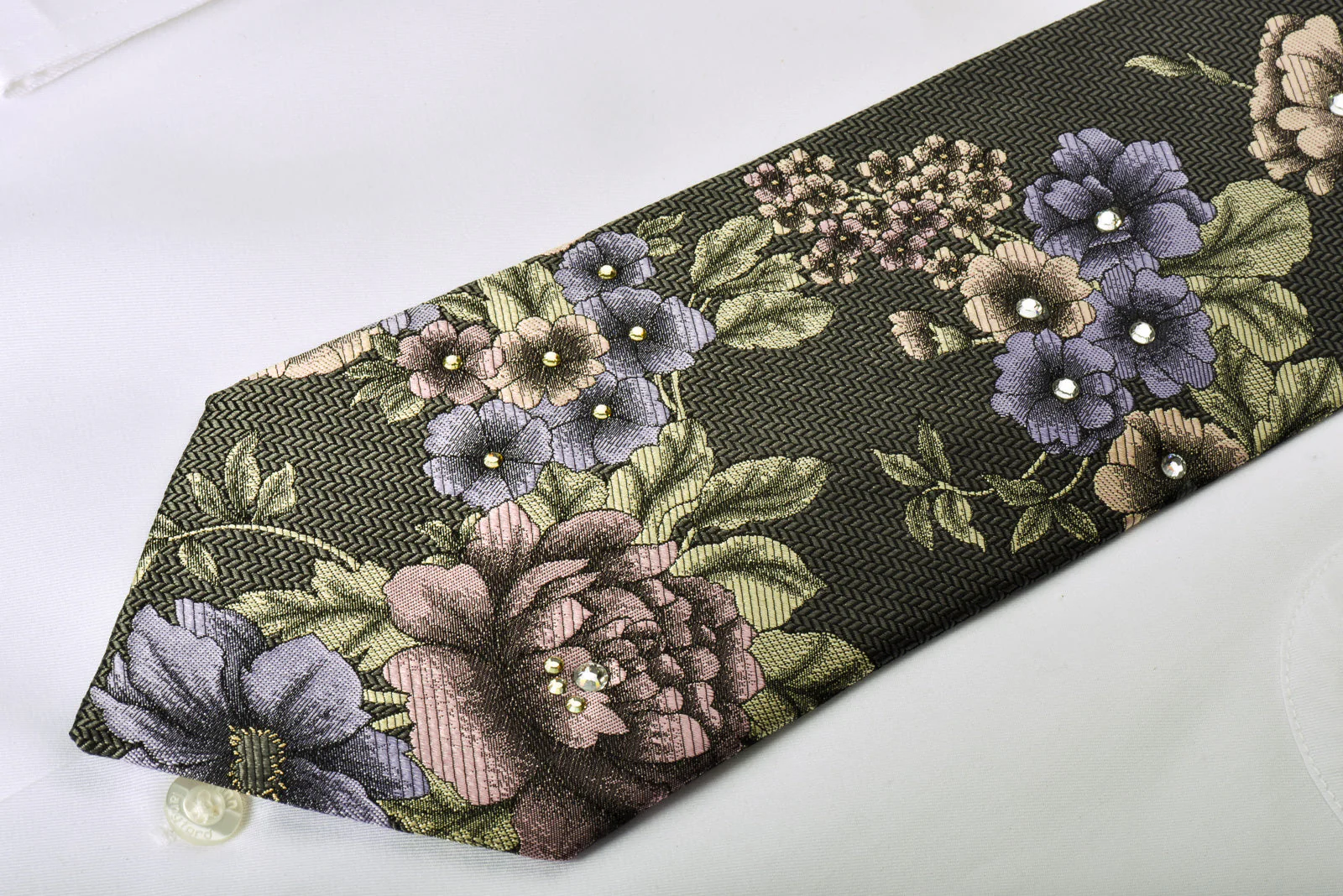 Louis Quatorze Crystallized With Swarovski Rhinestone Necktie Floral On Gray Herringbone - Image 2