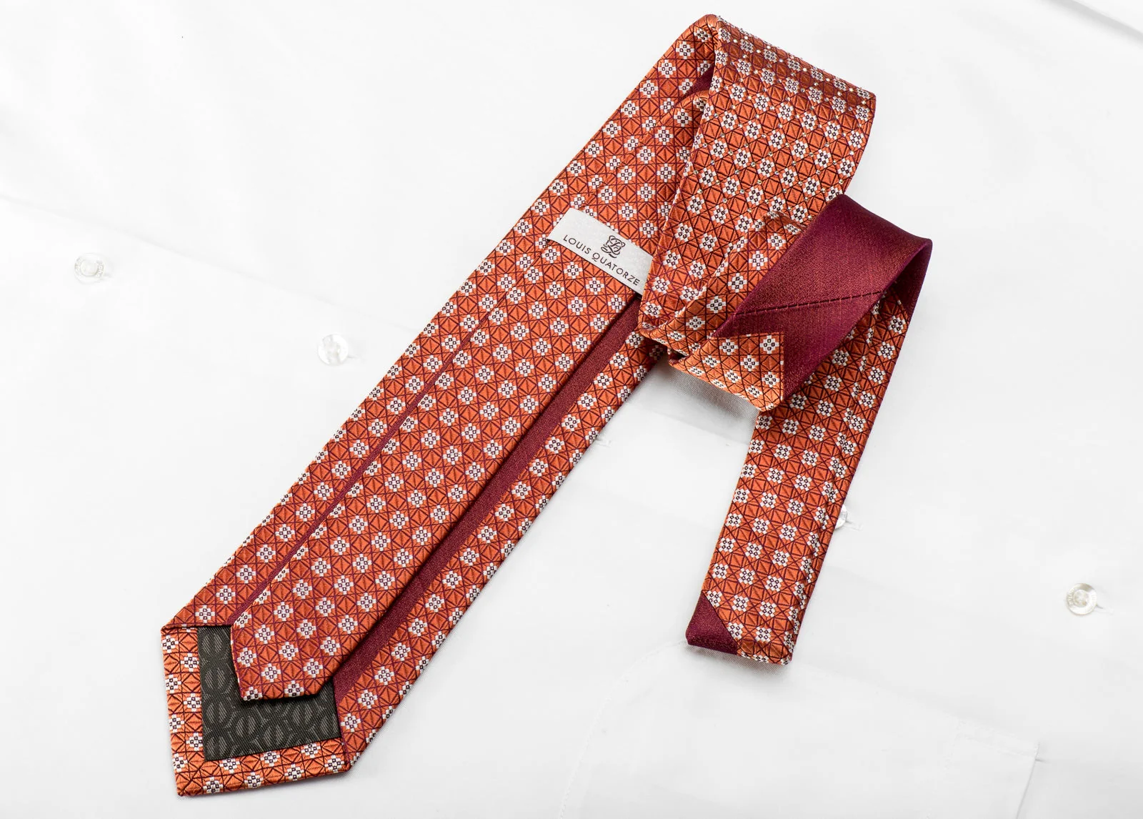 Louis Quatorze Men's Crystal Rhinestone Necktie Trellis On Orange With Silver Sparkles - Image 5