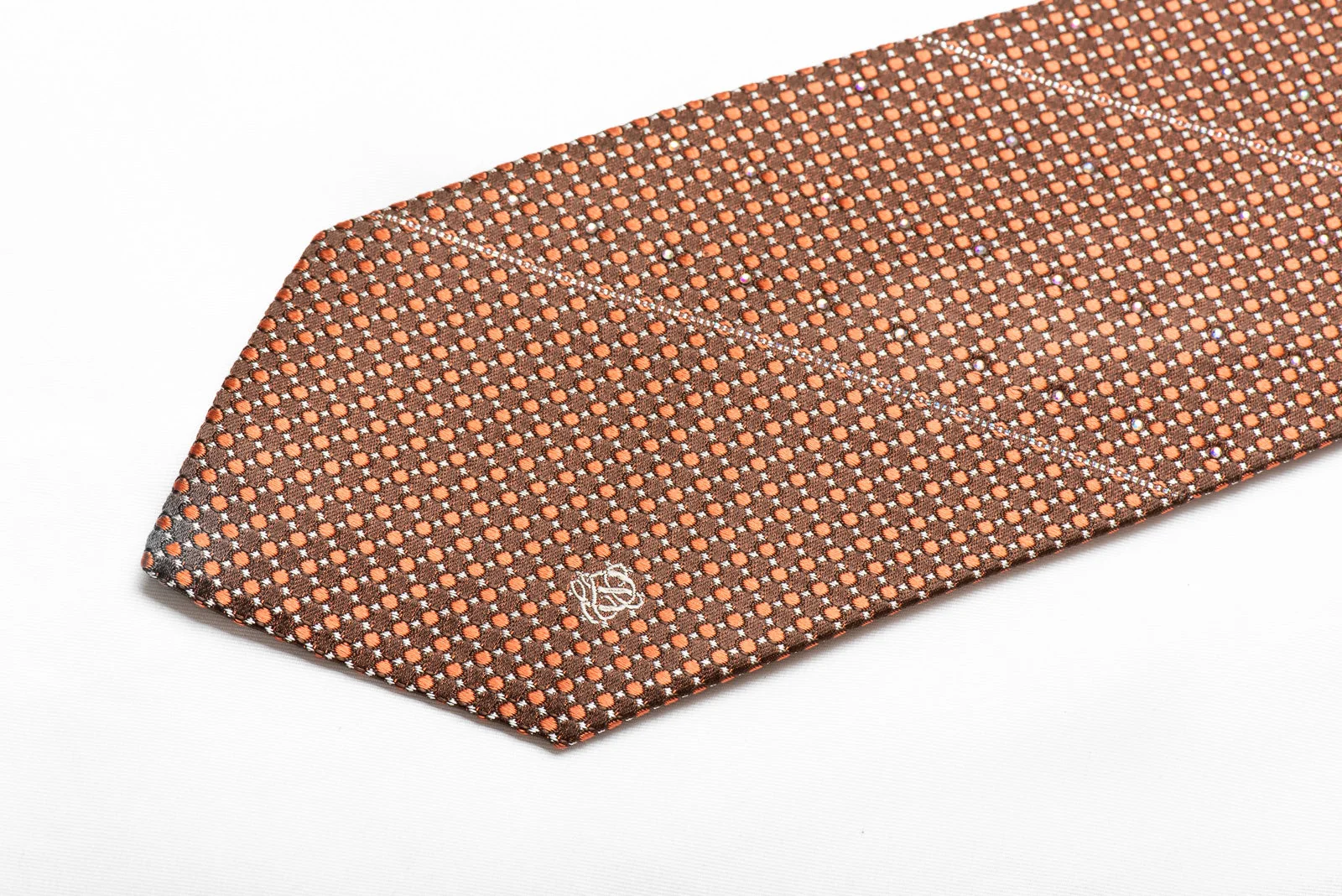 Louis Quatorze Men's Crystal Rhinestone Silk Necktie Orange Micro Dots On Brown With Silver Sparkles - Image 2