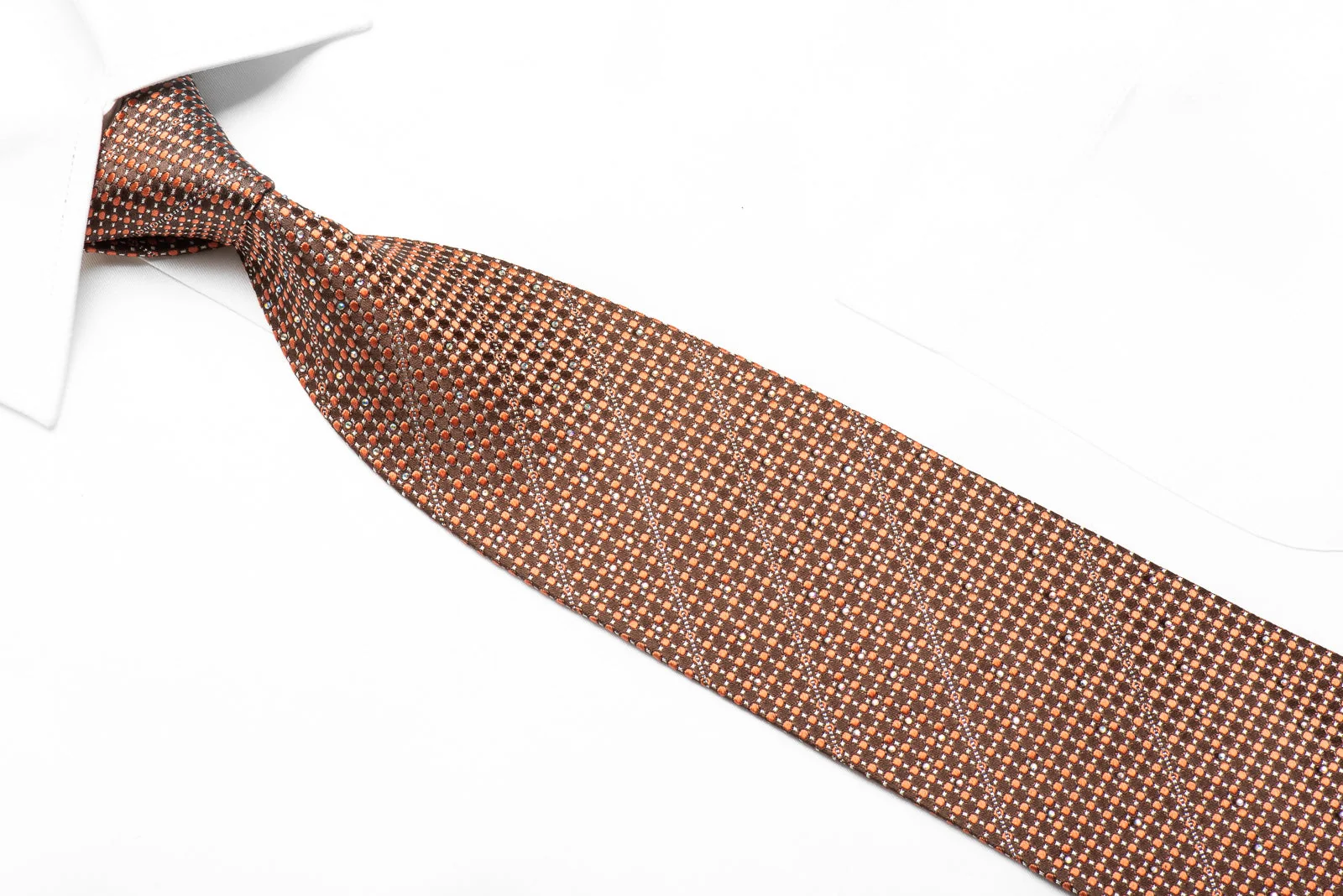 Louis Quatorze Men's Crystal Rhinestone Silk Necktie Orange Micro Dots On Brown With Silver Sparkles - Image 3