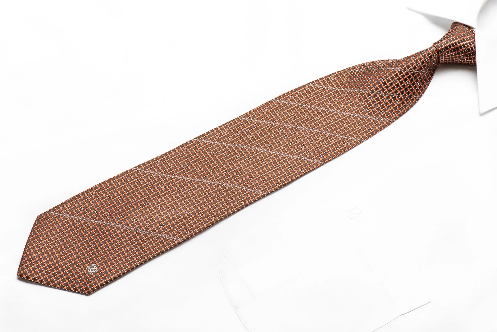 Louis Quatorze Men's Crystal Rhinestone Silk Necktie Orange Micro Dots On Brown With Silver Sparkles - Image 4