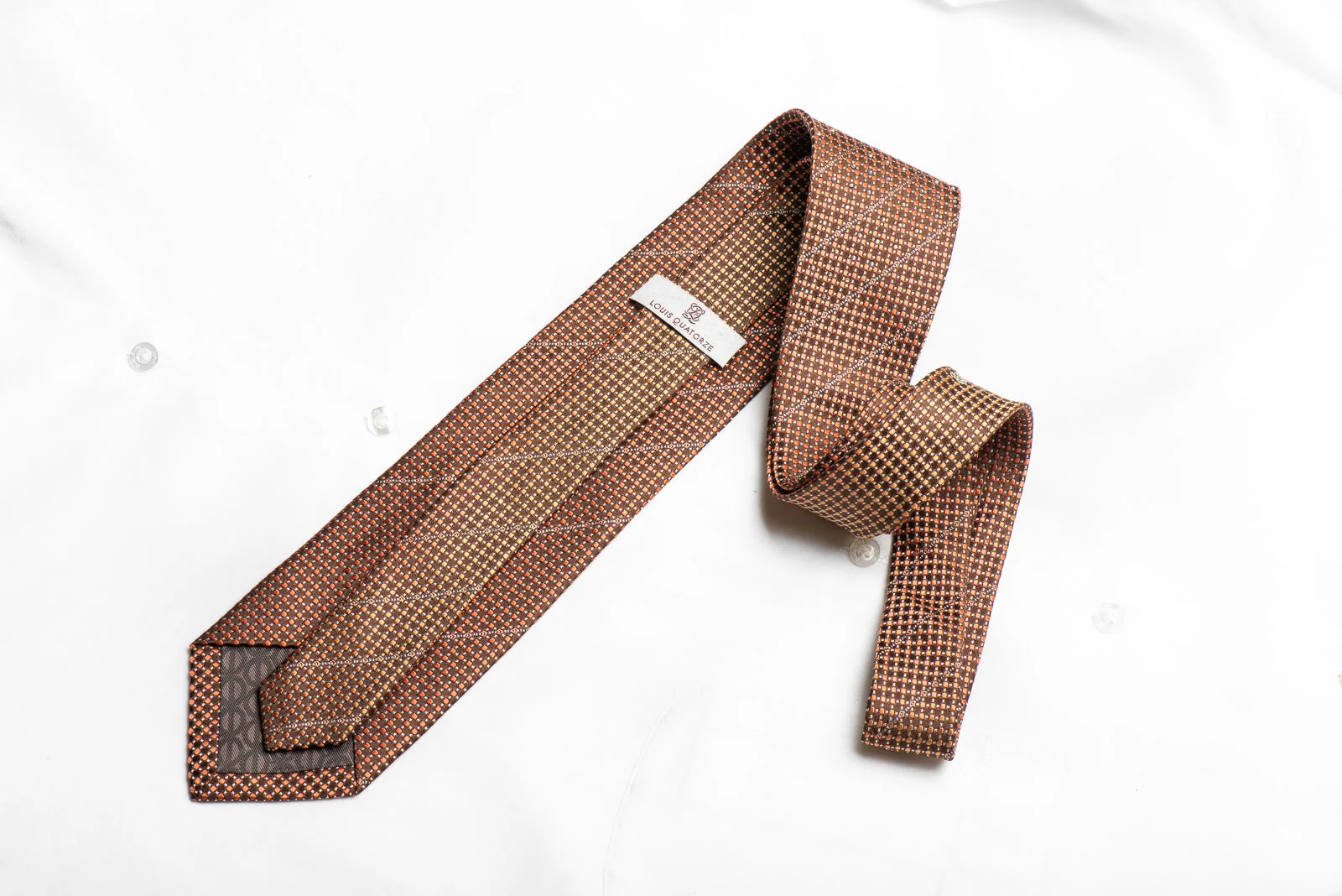 Louis Quatorze Men's Crystal Rhinestone Silk Necktie Orange Micro Dots On Brown With Silver Sparkles - Image 5