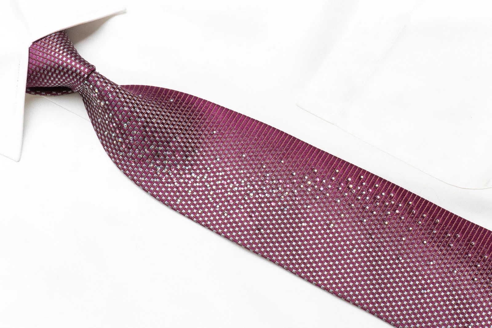 Louis Quatorze Men's Crystal Rhinestone Silk Necktie Silver Brown Geometric On Purple With Sparkles - Image 2