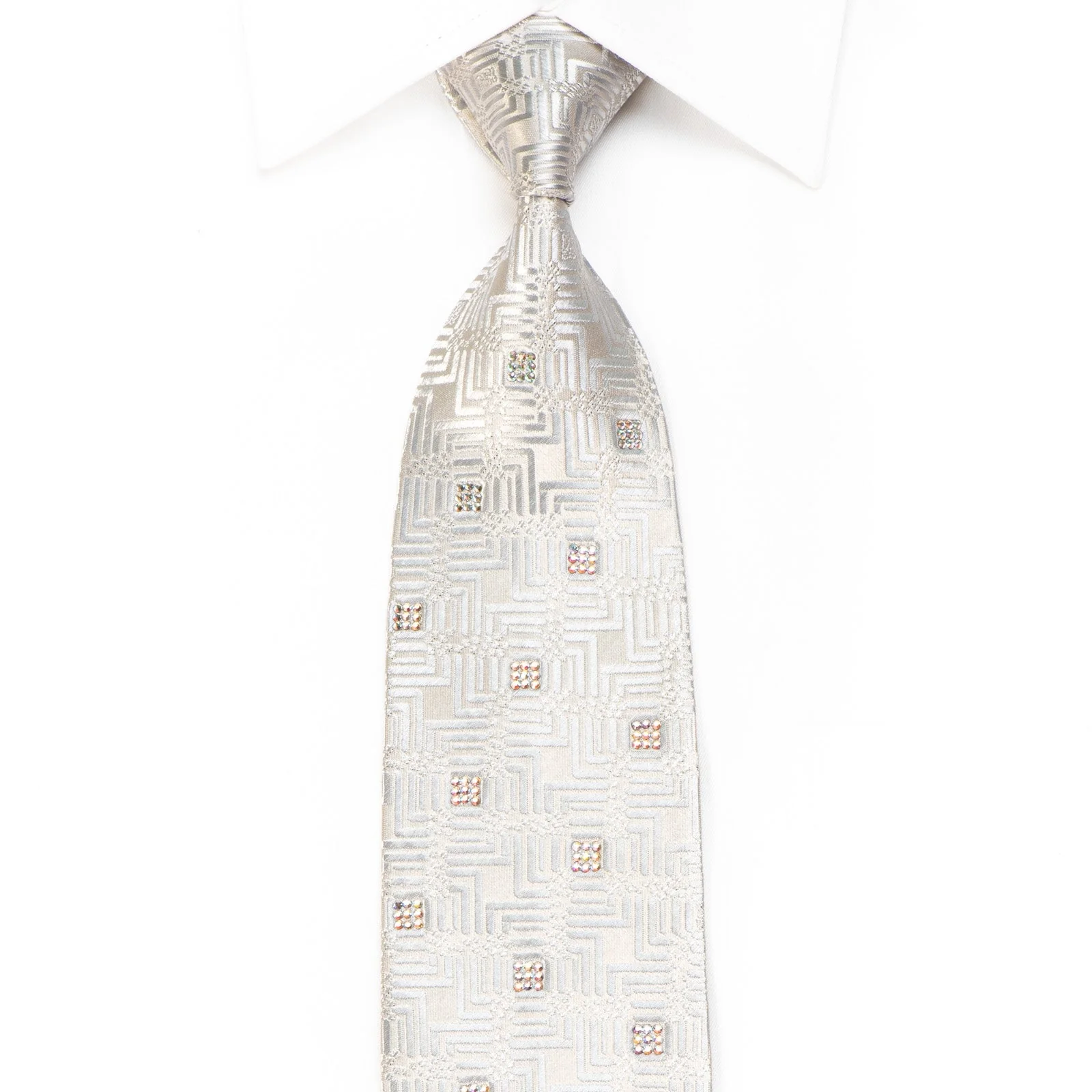 Louis Quatorze Men's Crystal Silk Necktie Silver Geometric On White With Sparkles