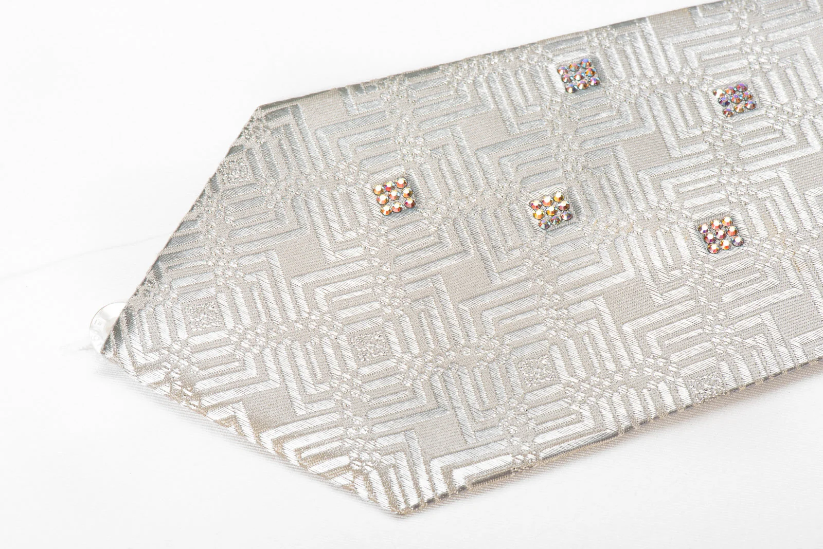 Louis Quatorze Men's Crystal Silk Necktie Silver Geometric On White With Sparkles - Image 2