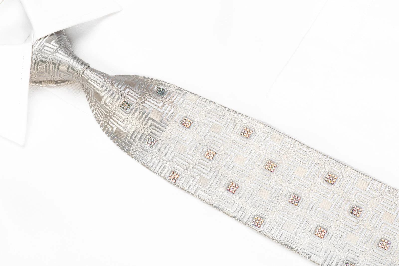 Louis Quatorze Men's Crystal Silk Necktie Silver Geometric On White With Sparkles - Image 3