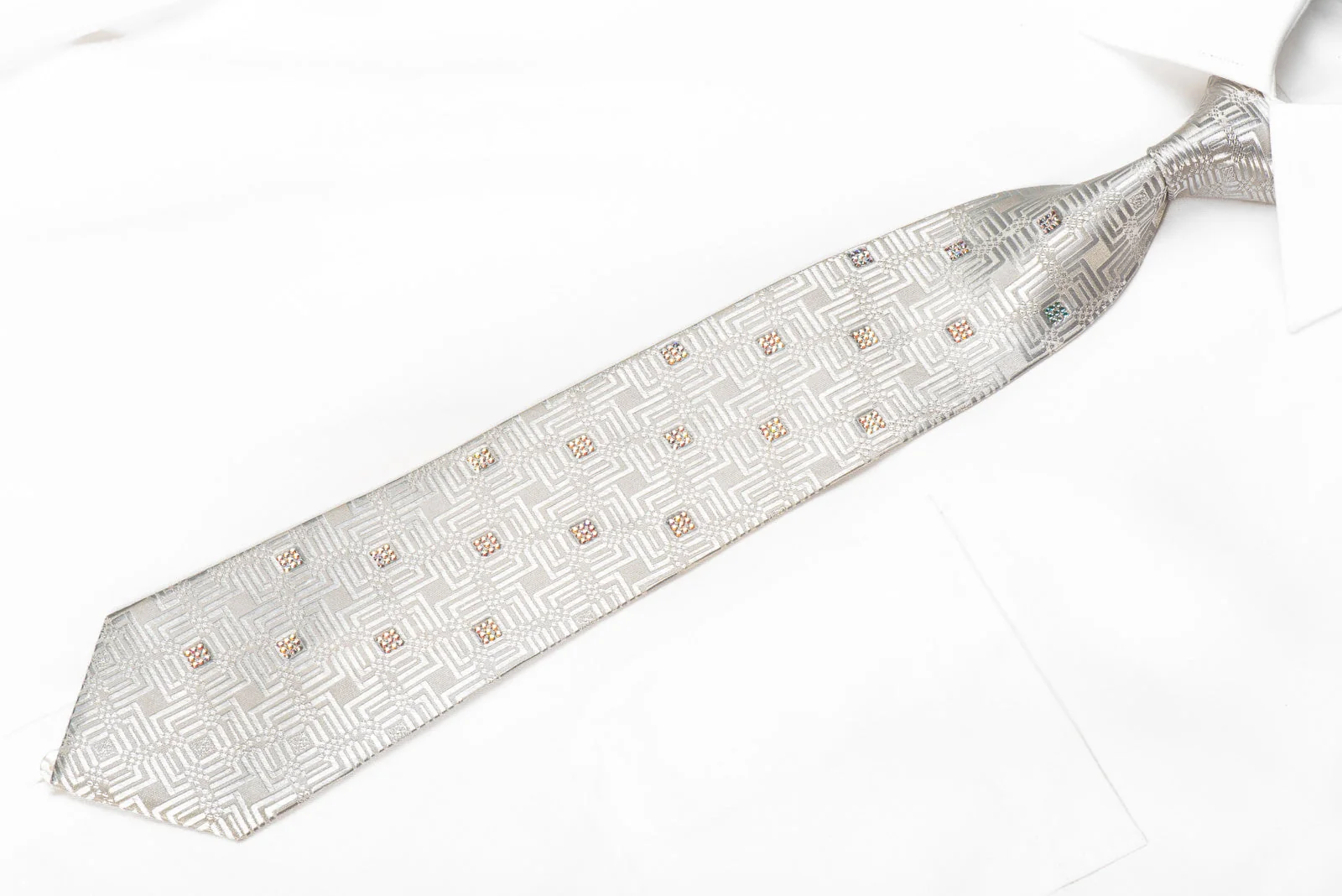 Louis Quatorze Men's Crystal Silk Necktie Silver Geometric On White With Sparkles - Image 5