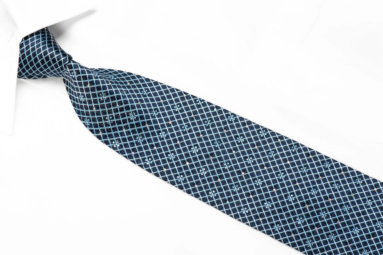 Louis Quatorze Men's Crystal Silk Necktie Trellis On Blue Sparkling With Rhinestones - Image 2