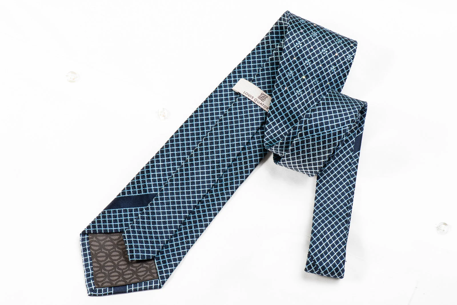 Louis Quatorze Men's Crystal Silk Necktie Trellis On Blue Sparkling With Rhinestones - Image 4