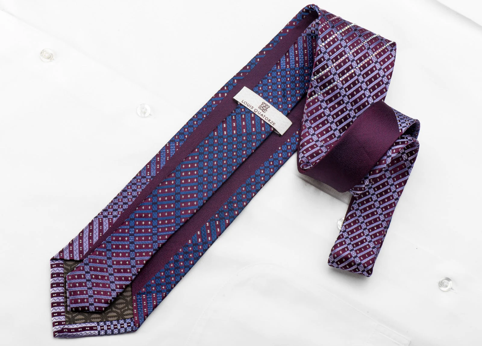 Louis Quatorze Men's Crystal Silk Tie Checkered & Striped On Purple With Silver Sparkles - Image 4