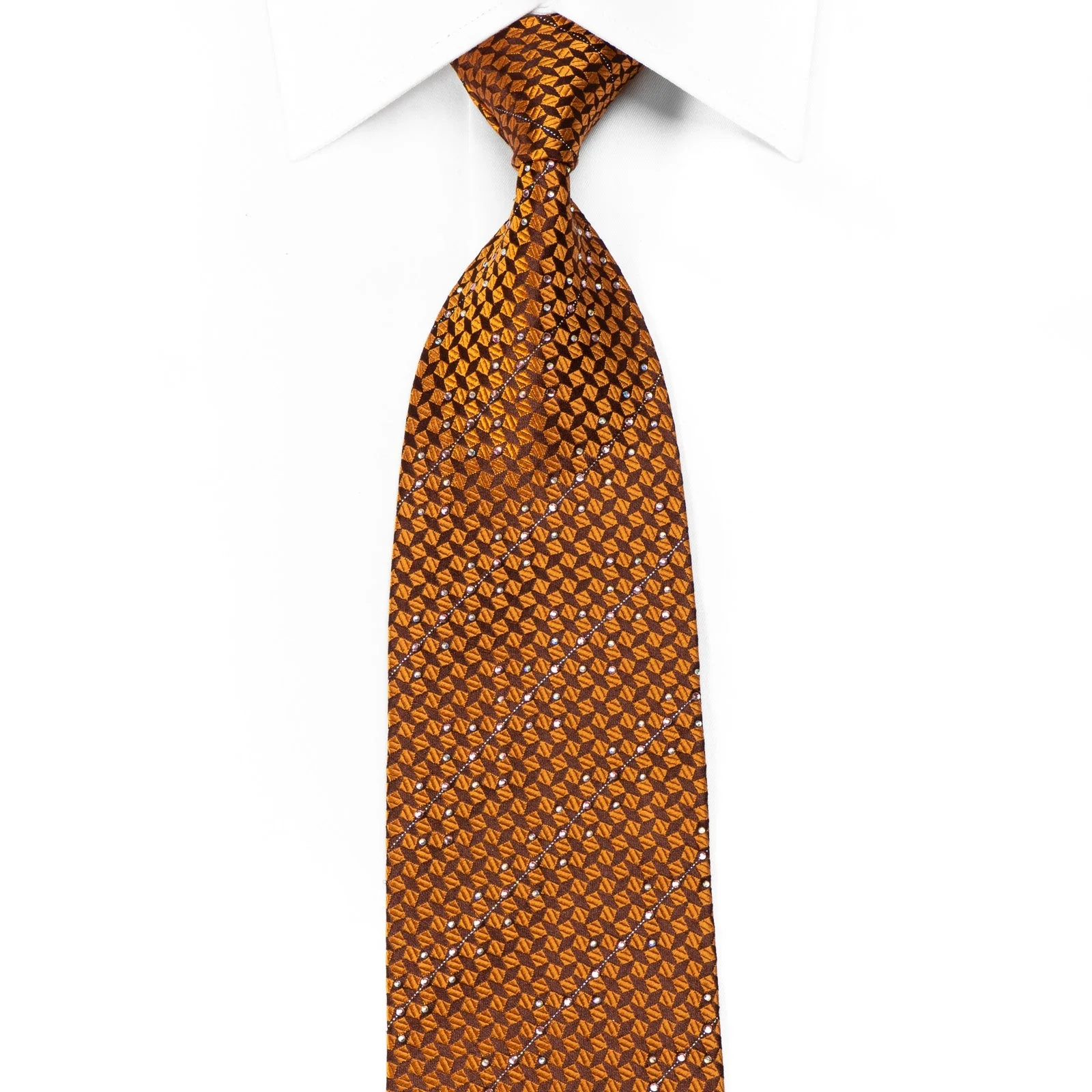Louis Quatorze Men's Crystal Silk Tie Orange Squares On Brown With Silver Sparkles