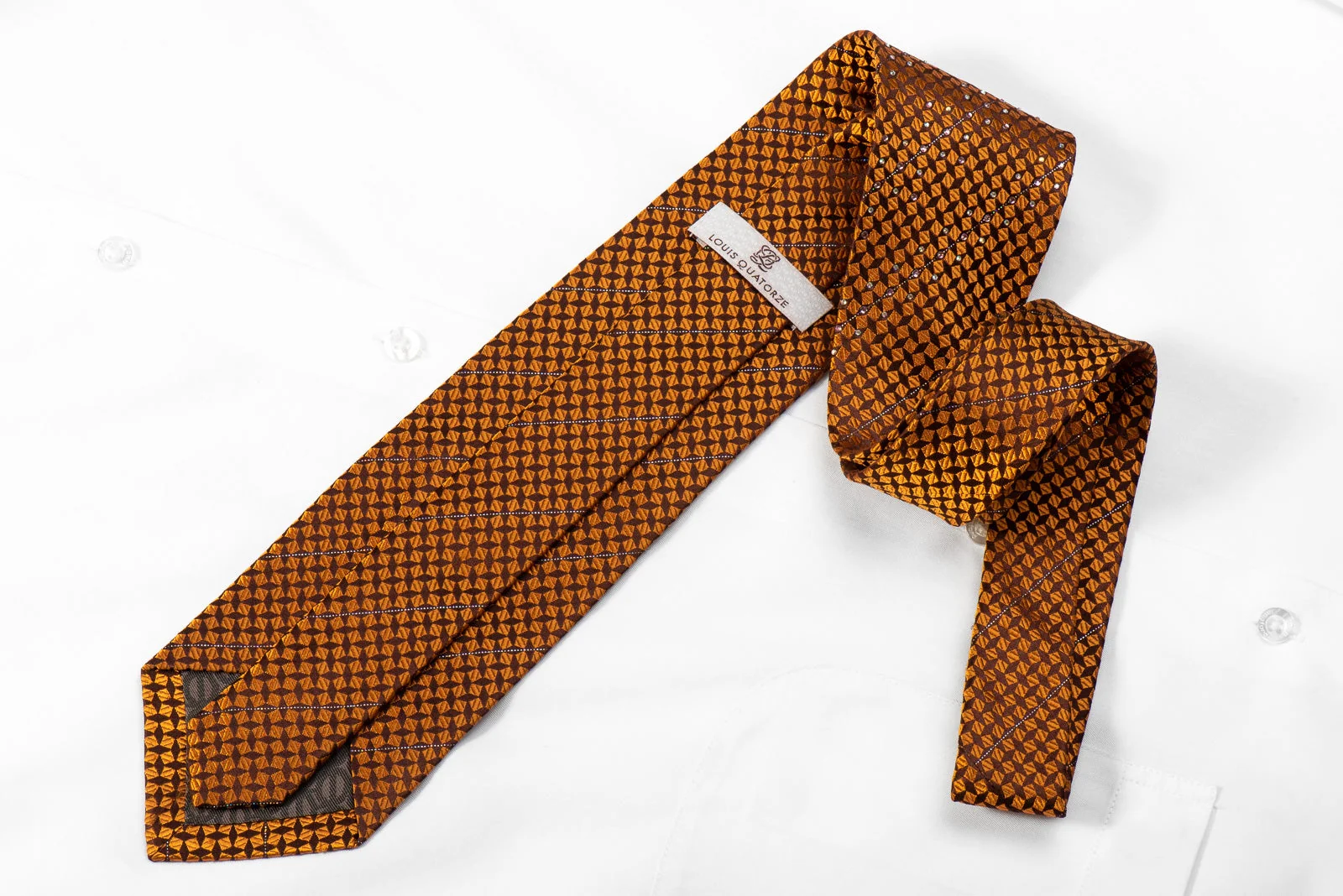 Louis Quatorze Men's Crystal Silk Tie Orange Squares On Brown With Silver Sparkles - Image 4