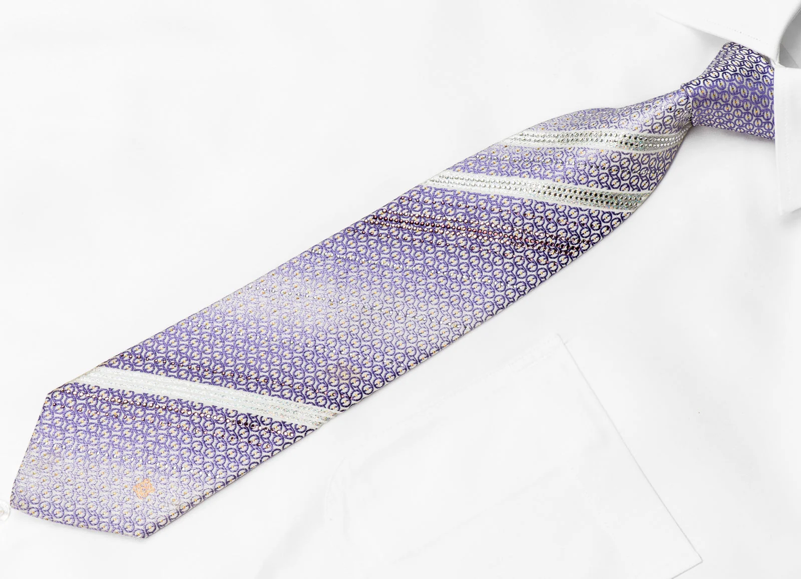 Louis Quatorze Men's Crystal Tie Purple Ovals On White Silk With Gold Sparkles - Image 3