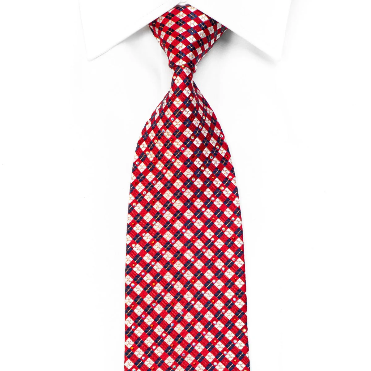 Men's Rhinestone Silk Necktie Silver Blue Checkered On Red With Sparkles