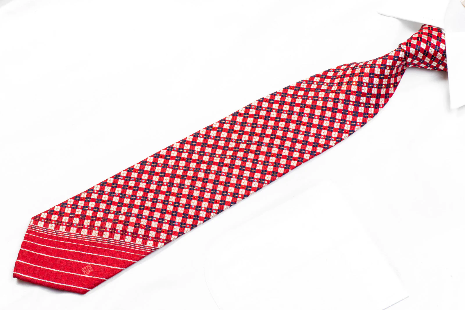 Men's Rhinestone Silk Necktie Silver Blue Checkered On Red With Sparkles - Image 3