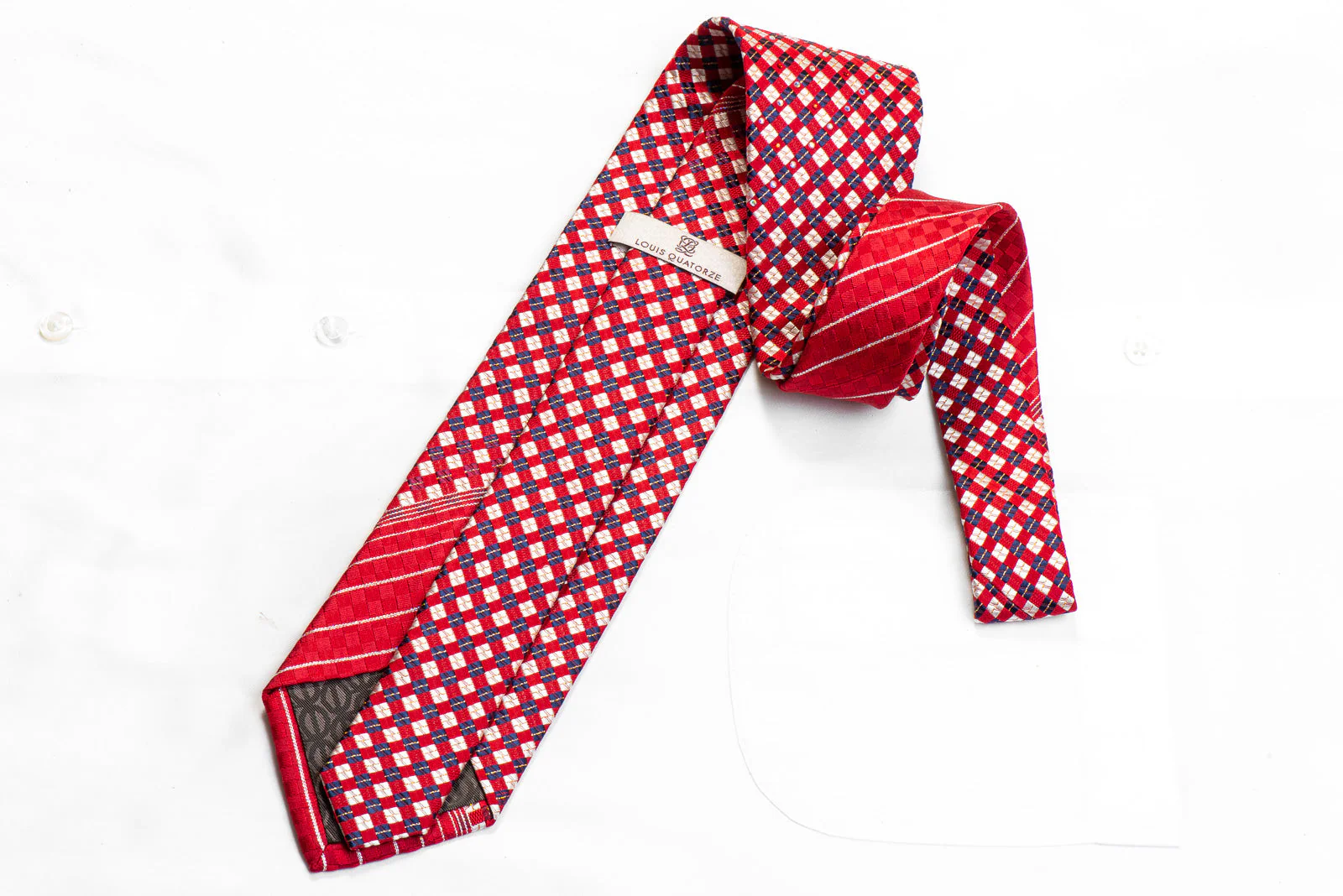 Men's Rhinestone Silk Necktie Silver Blue Checkered On Red With Sparkles - Image 4