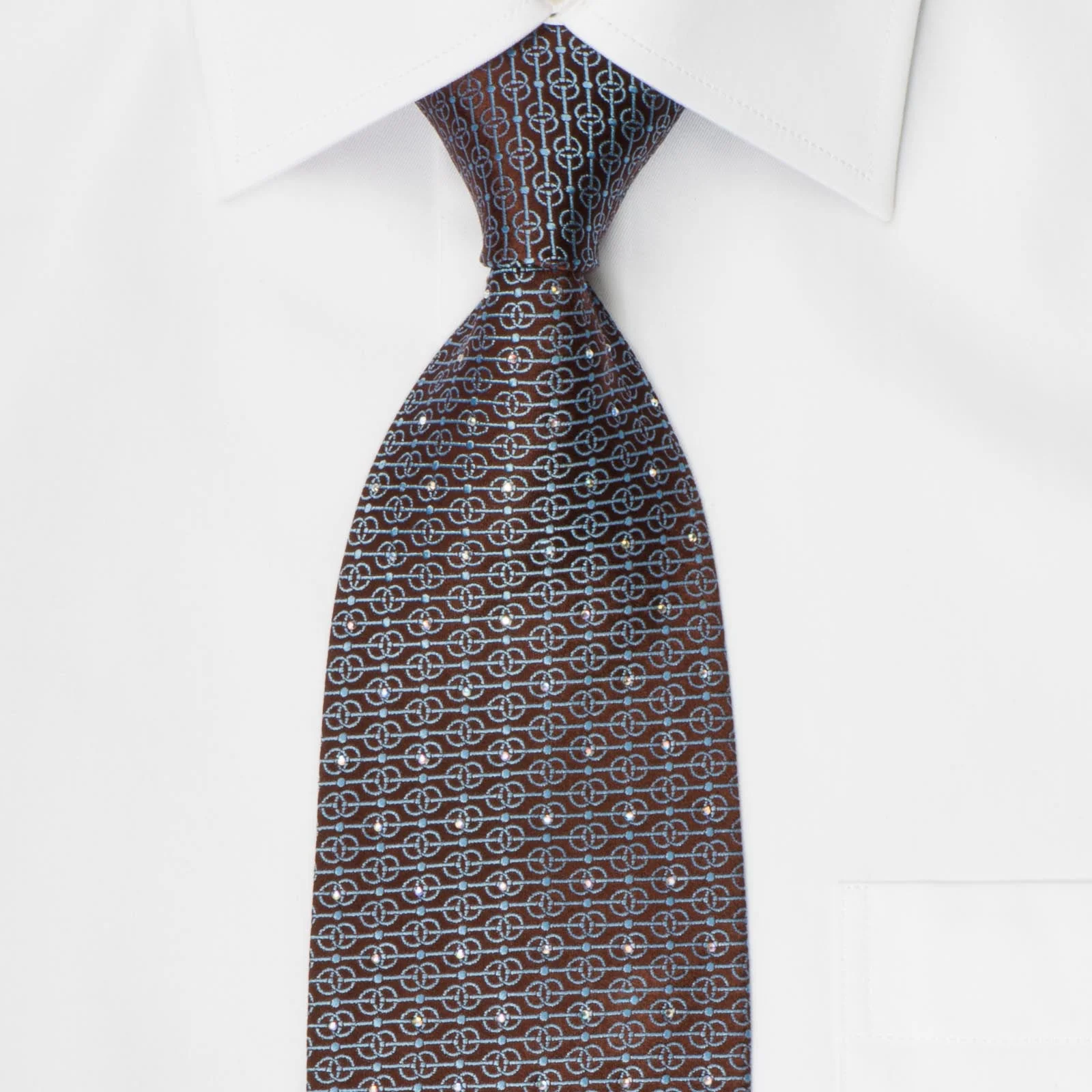 Louis Quatorze Men's Silk Necktie Blue Geometric On Brown With Crystal Rhinestones - Image 2