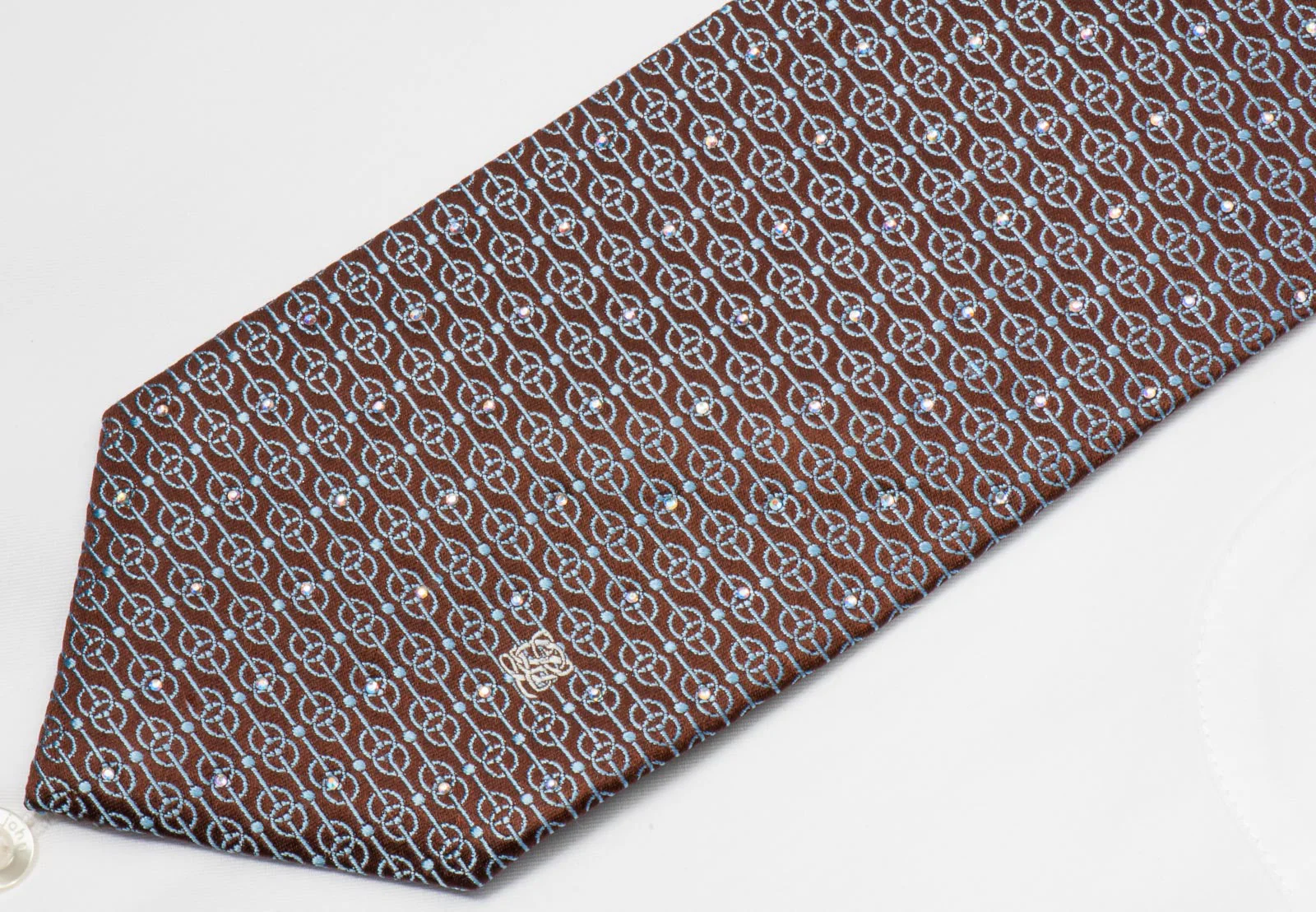 Louis Quatorze Men's Silk Necktie Blue Geometric On Brown With Crystal Rhinestones - Image 3