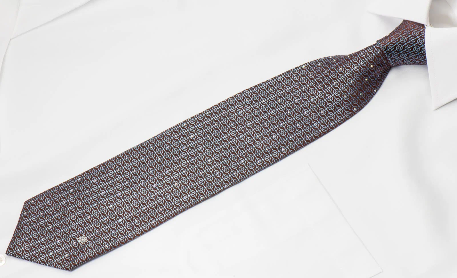 Louis Quatorze Men's Silk Necktie Blue Geometric On Brown With Crystal Rhinestones - Image 6