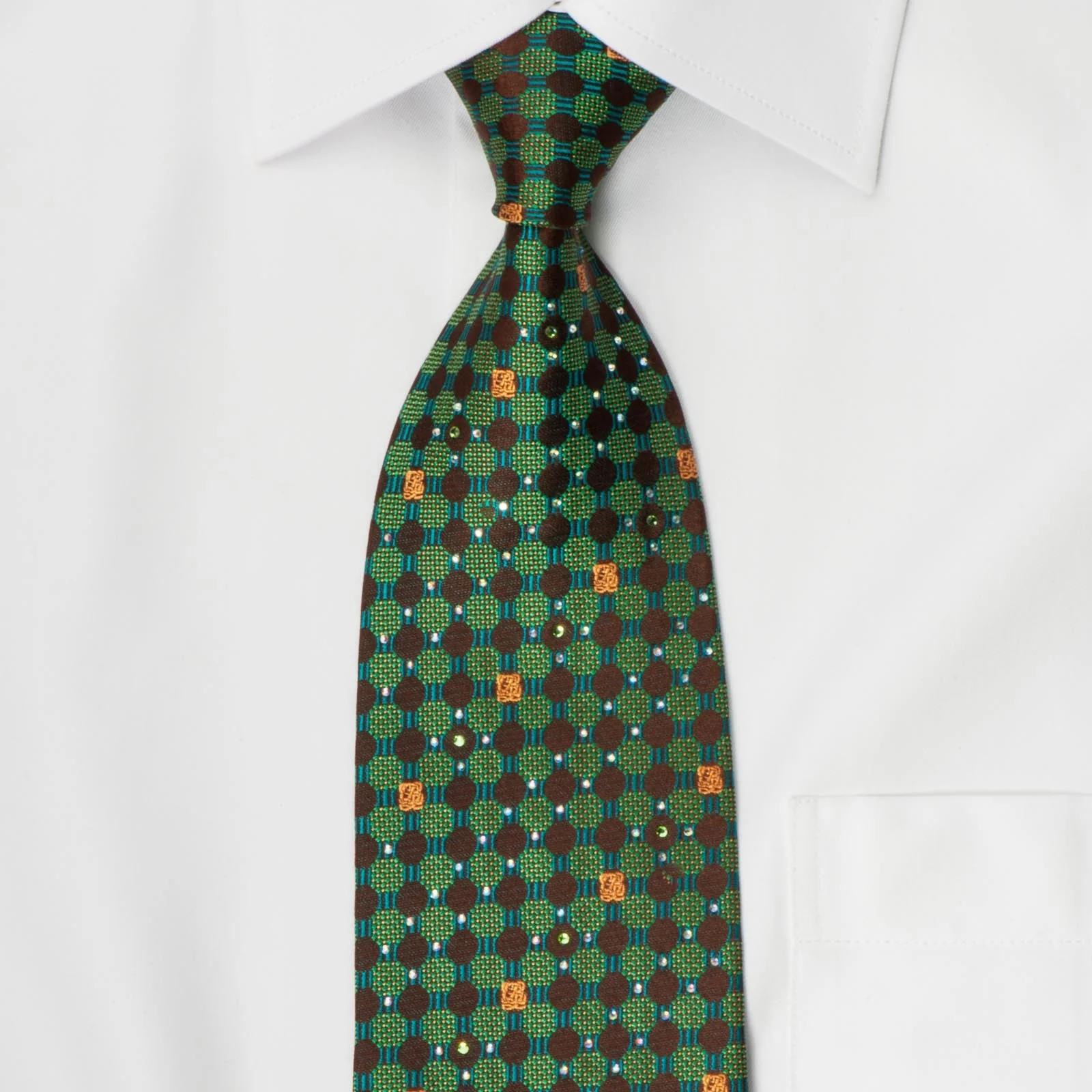 Louis Quatorze Men's Silk Necktie Emerald Geometric Design On Brown With Rhinestones - Image 2