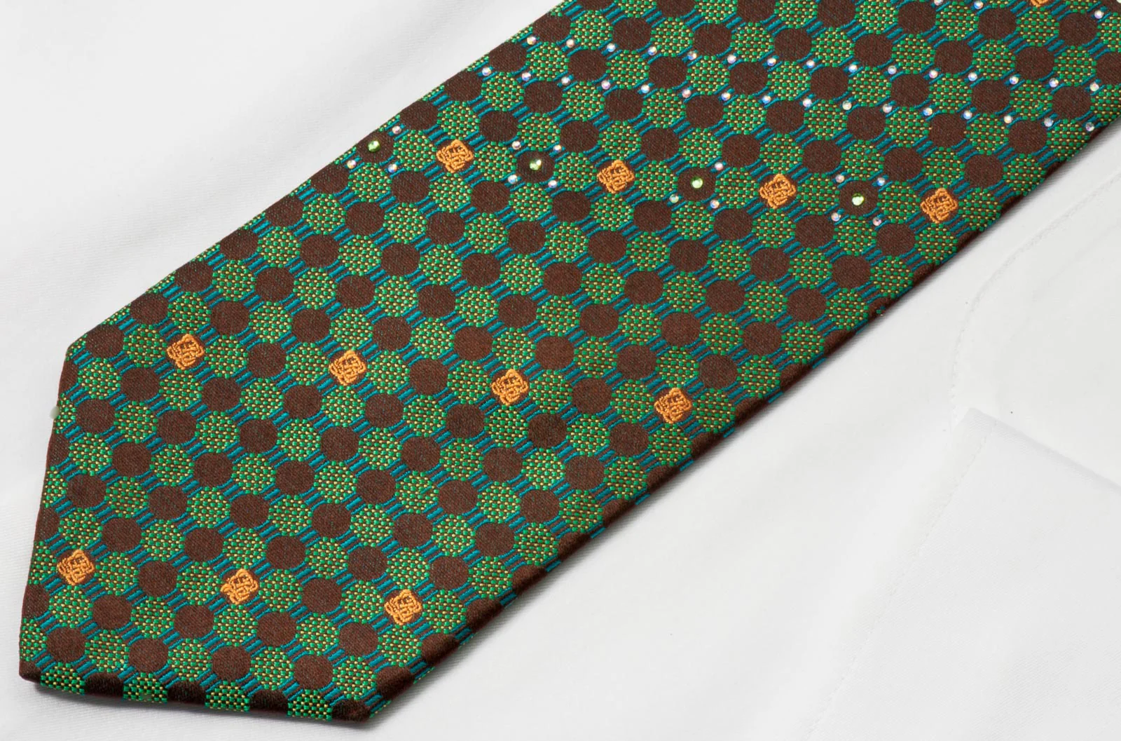 Louis Quatorze Men's Silk Necktie Emerald Geometric Design On Brown With Rhinestones - Image 3