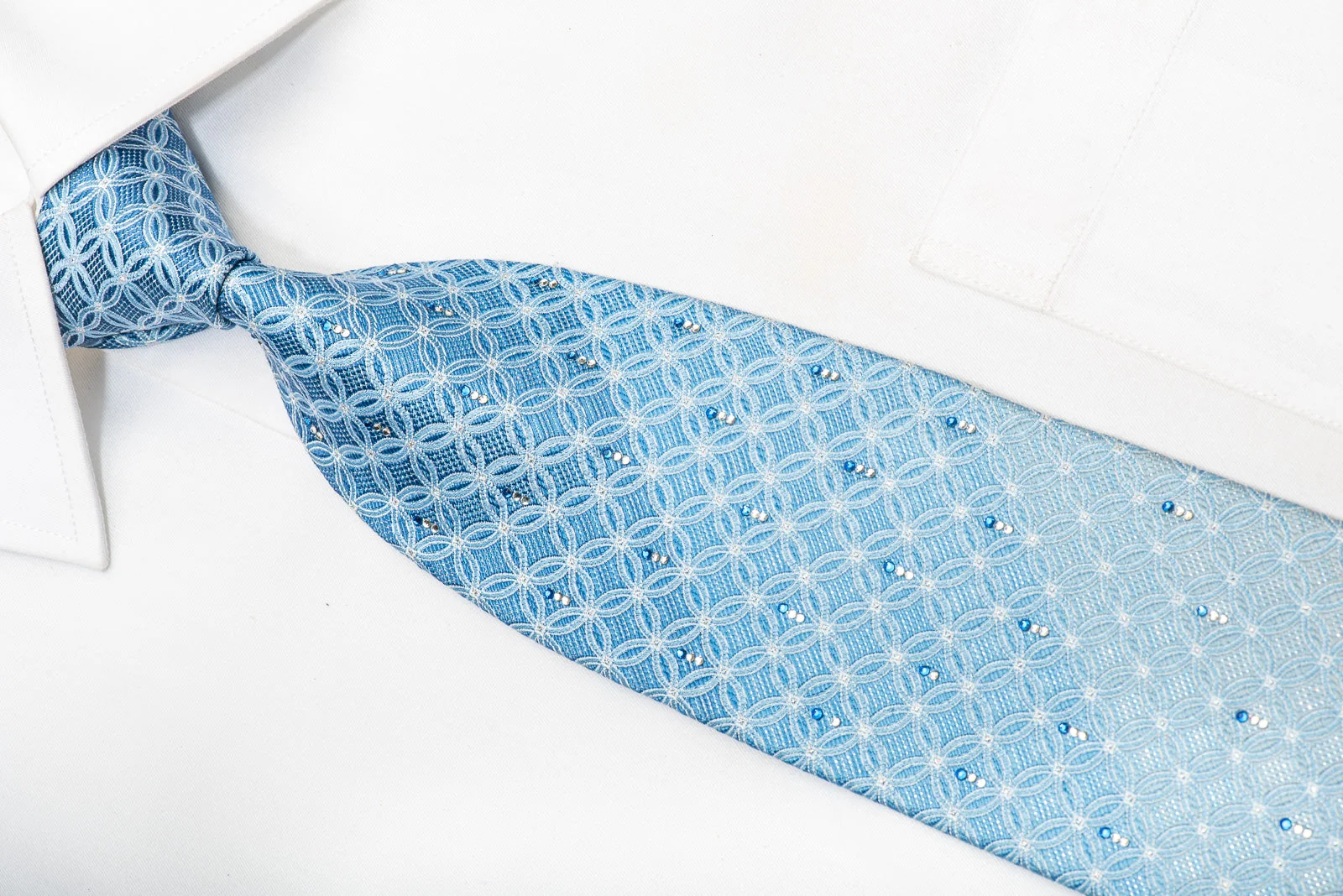 Louis Quatorze Men's Silk Necktie Interlocking Circles On Blue Sparkling With Rhinestones - Image 4