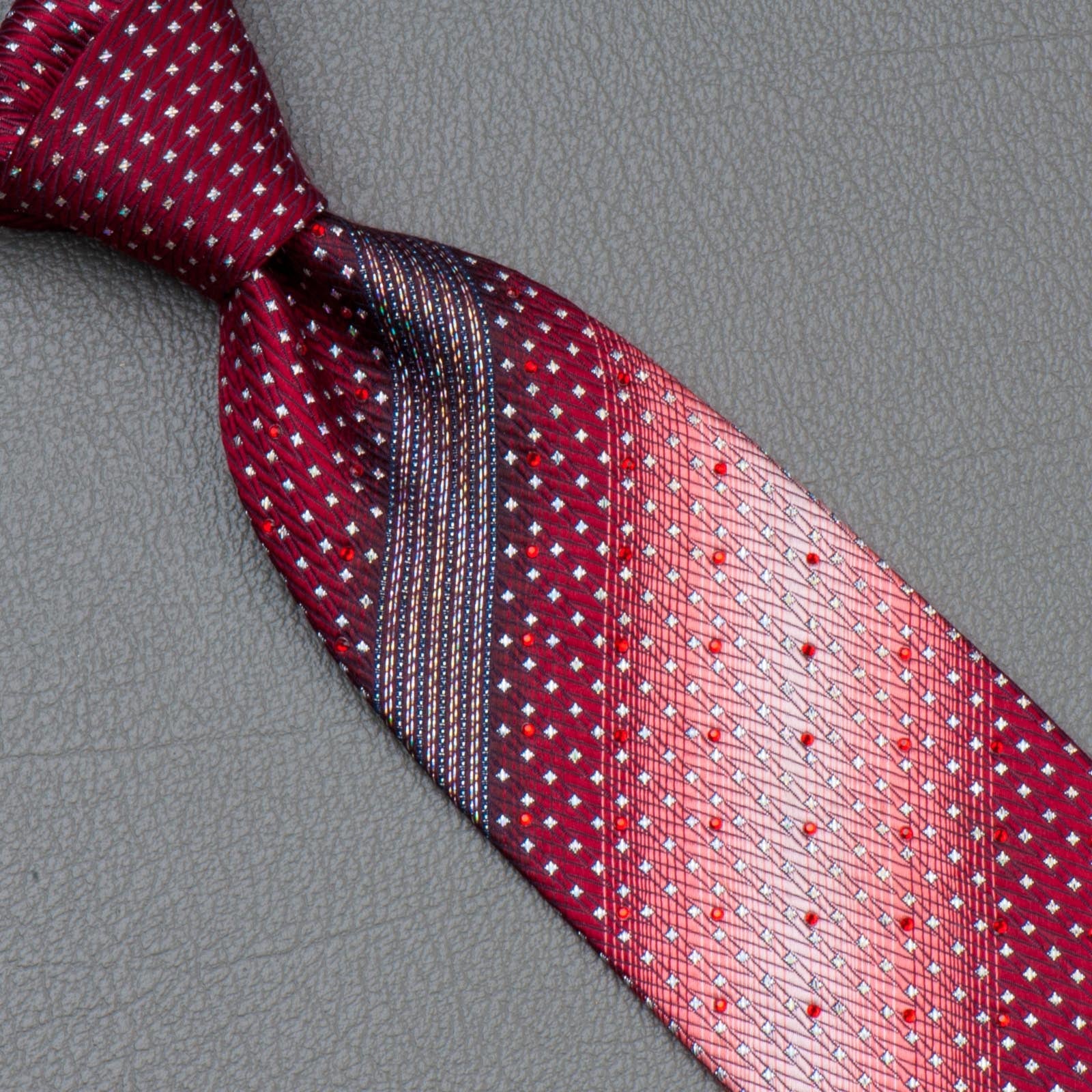 Louis Quatorze Men's Silk Rhinestone Neck Tie Silver Micro Squares On Burgundy - Image 2