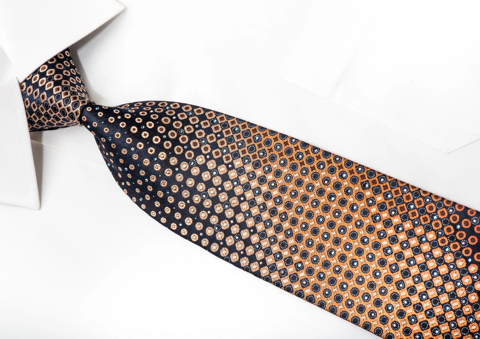 Louis Quatorze Men's Silk Tie Orange Dots On Navy Blue Sparkling With Rhinestones - Image 3