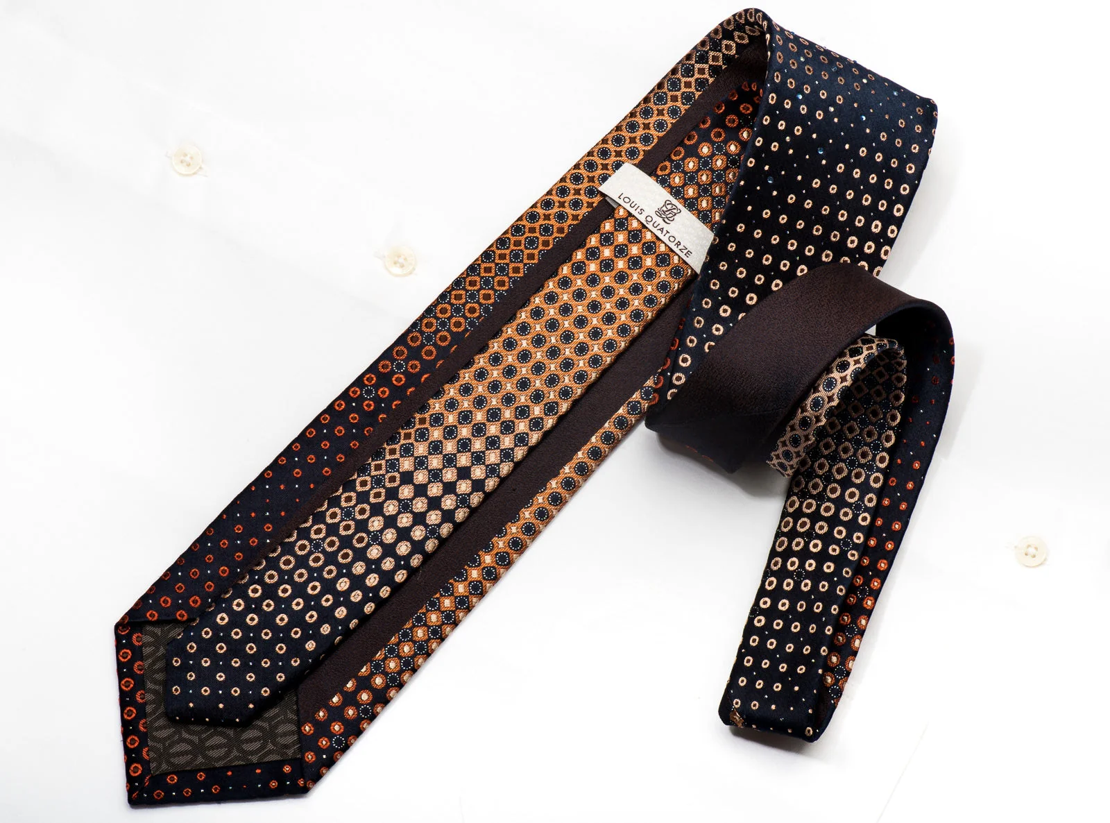 Louis Quatorze Men's Silk Tie Orange Dots On Navy Blue Sparkling With Rhinestones - Image 4