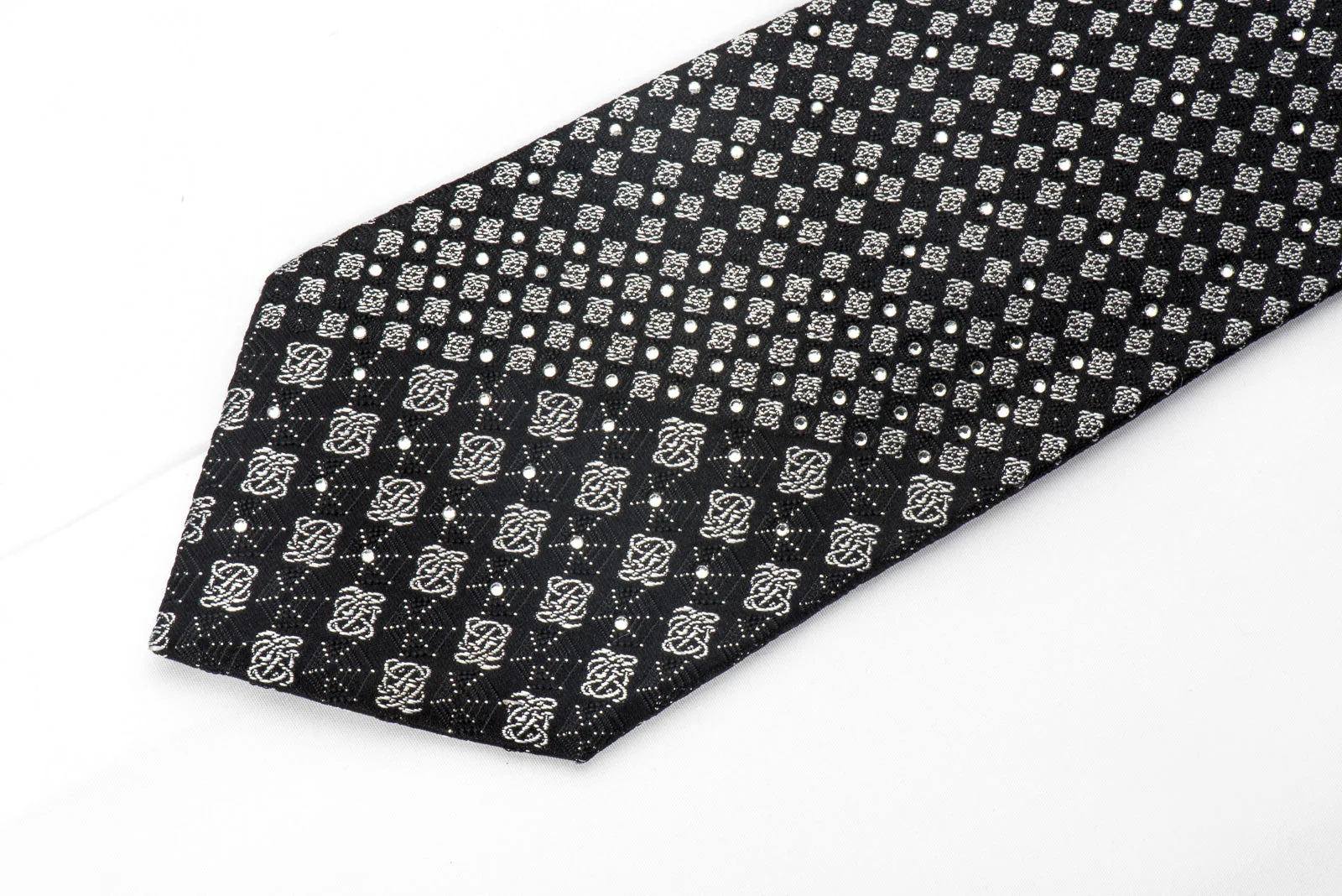 Louis Quatorze Men's Silk Tie Silver Black Checkered Sparkling With Crystal Rhinestones - Image 2
