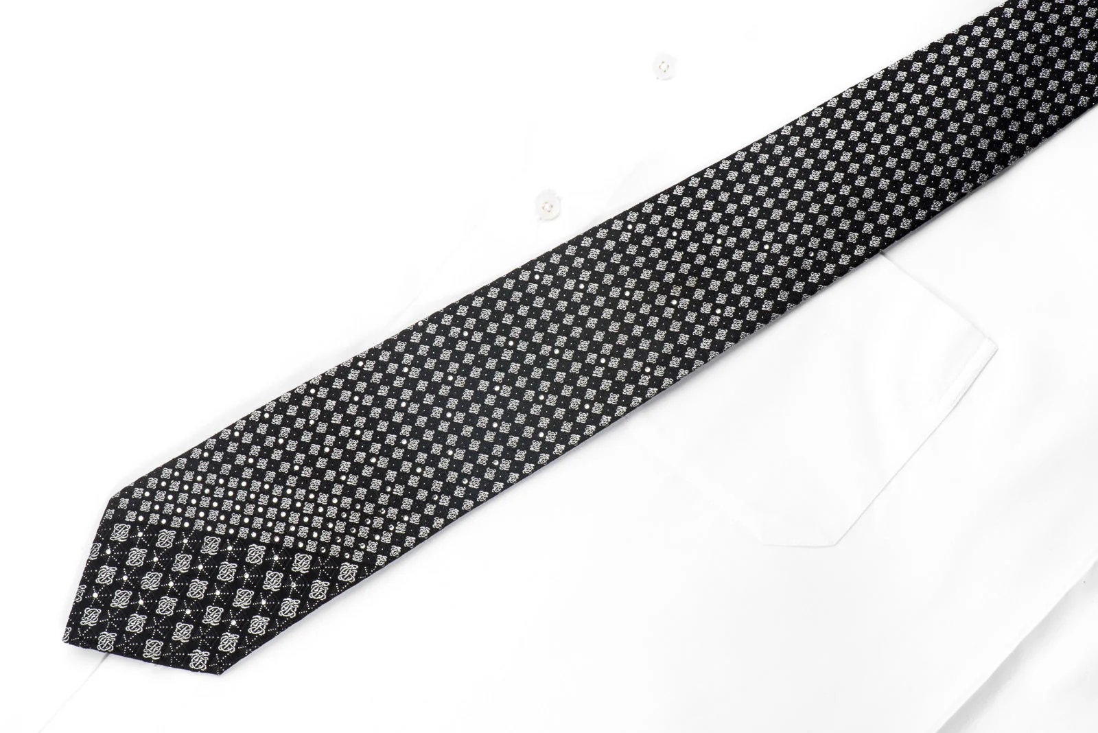 Louis Quatorze Men's Silk Tie Silver Black Checkered Sparkling With Crystal Rhinestones - Image 6