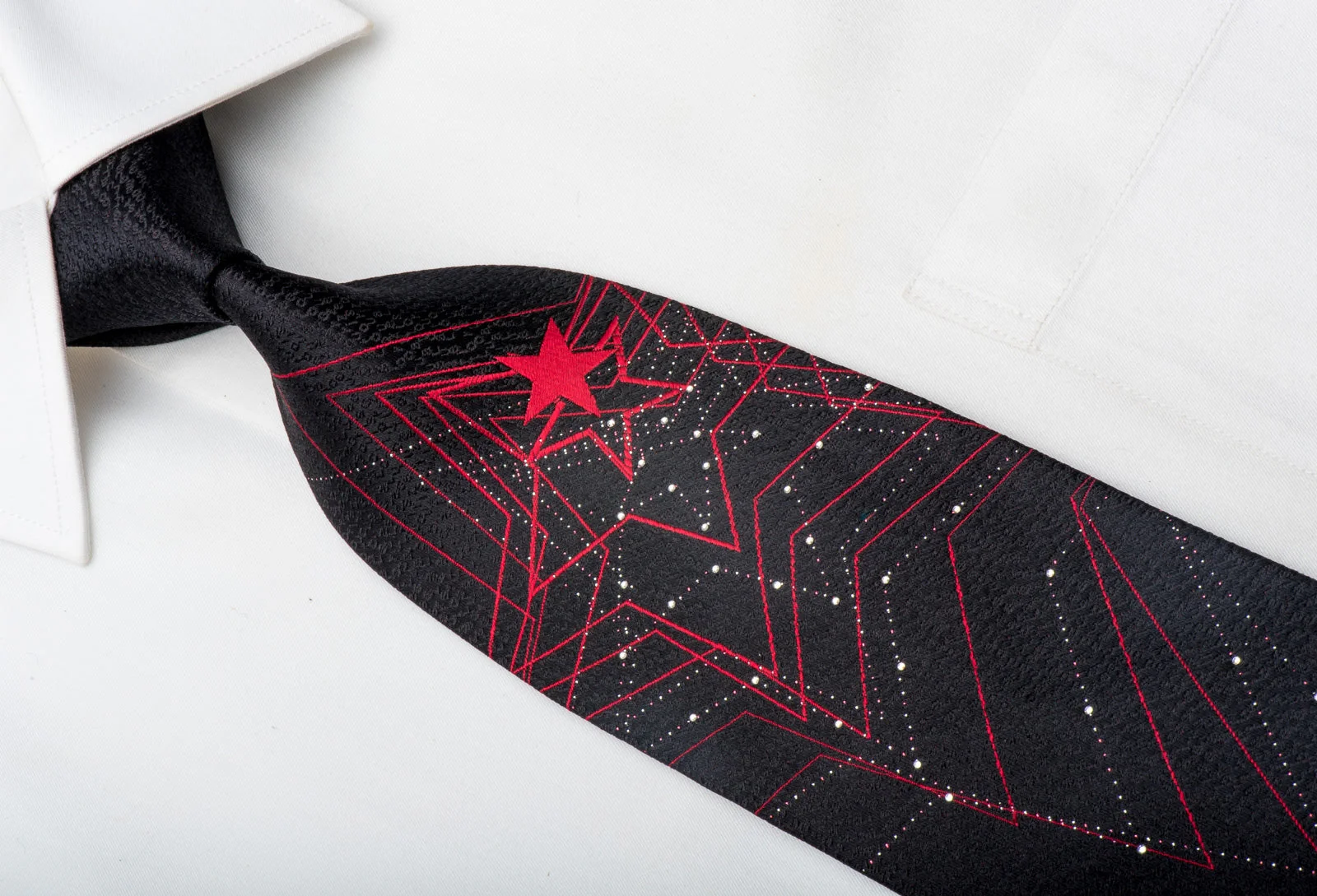 Louis Quatorze Men's Swarovski Crystal Necktie Red Stars On Black With Silver Sparkles - Image 3