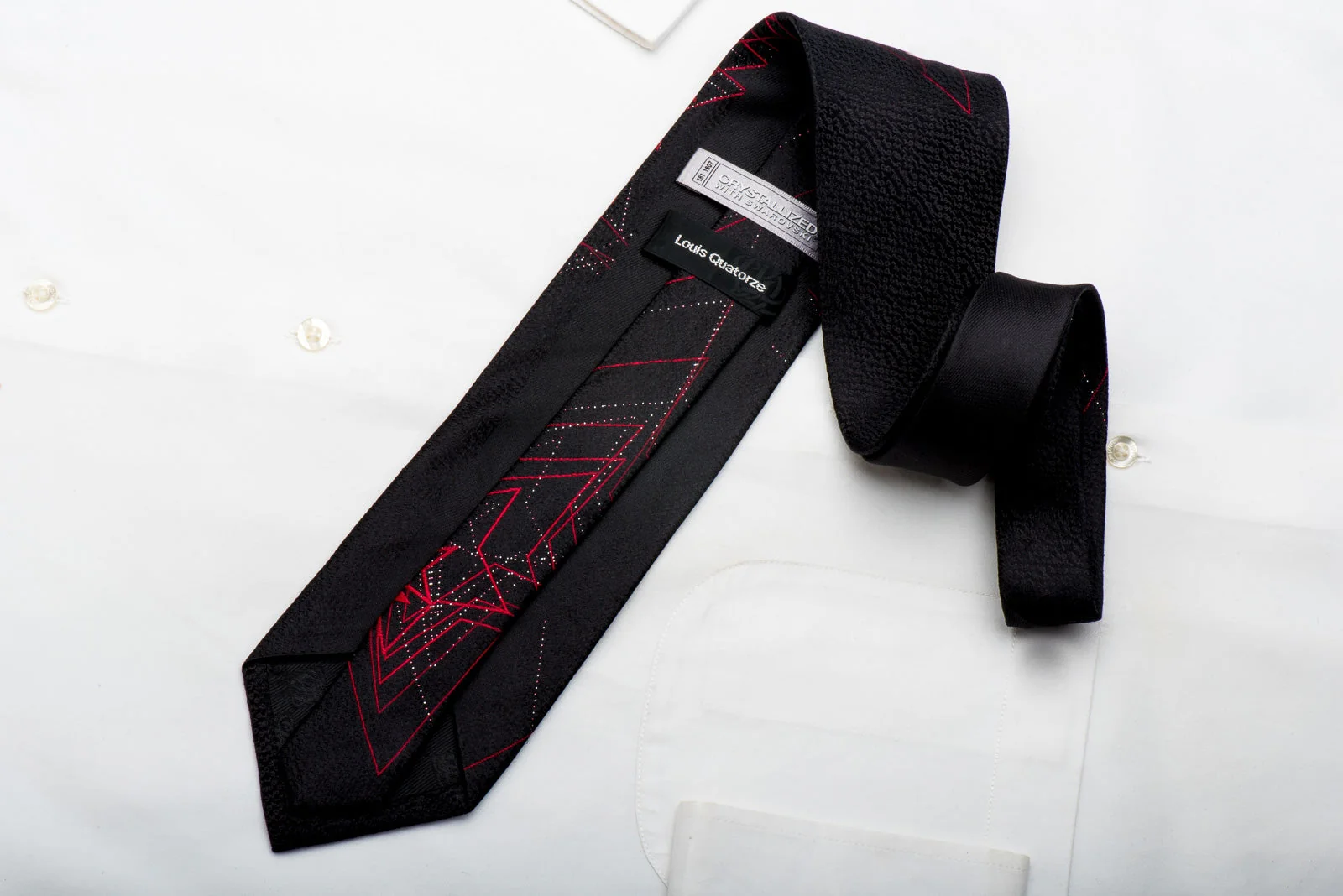 Louis Quatorze Men's Swarovski Crystal Necktie Red Stars On Black With Silver Sparkles - Image 5