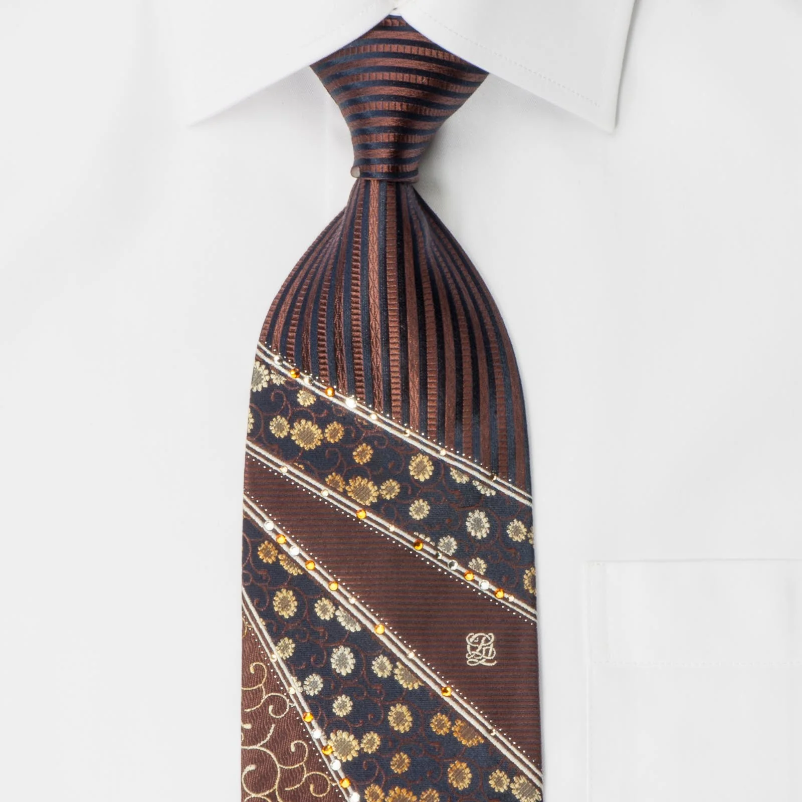 Louis Quatorze Men's Swarovski Rhinestone Silk Necktie Floral & Scrolls On Brown - Image 2