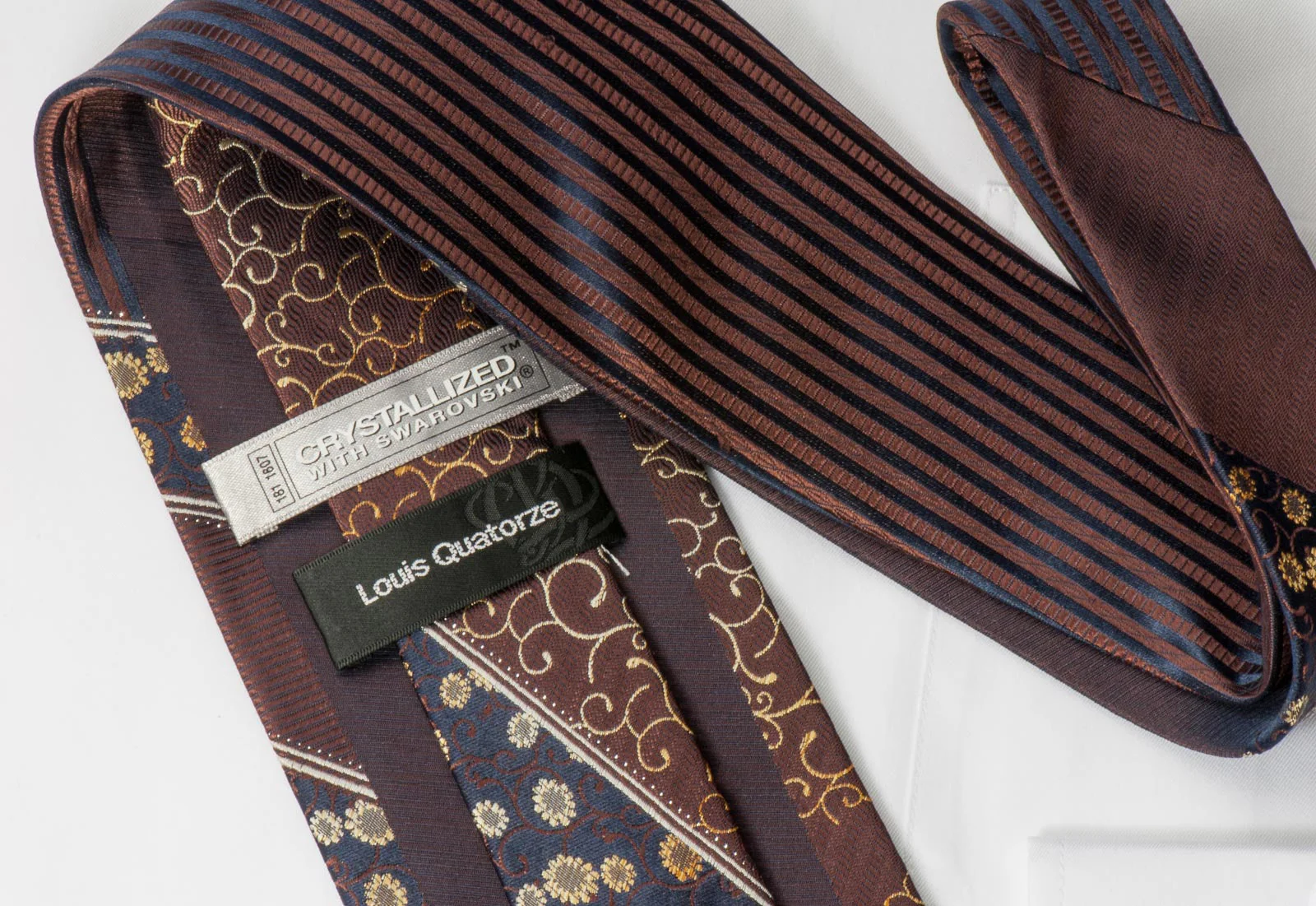 Louis Quatorze Men's Swarovski Rhinestone Silk Necktie Floral & Scrolls On Brown - Image 3