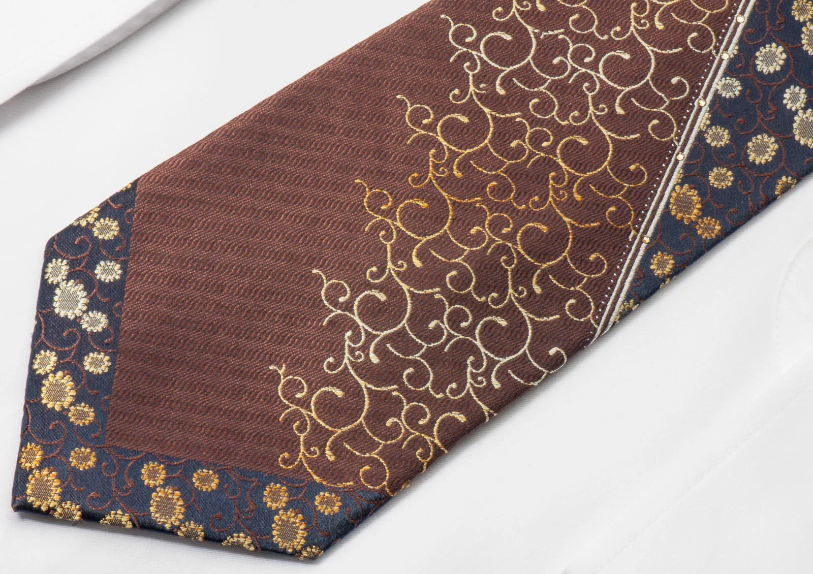 Louis Quatorze Men's Swarovski Rhinestone Silk Necktie Floral & Scrolls On Brown - Image 5