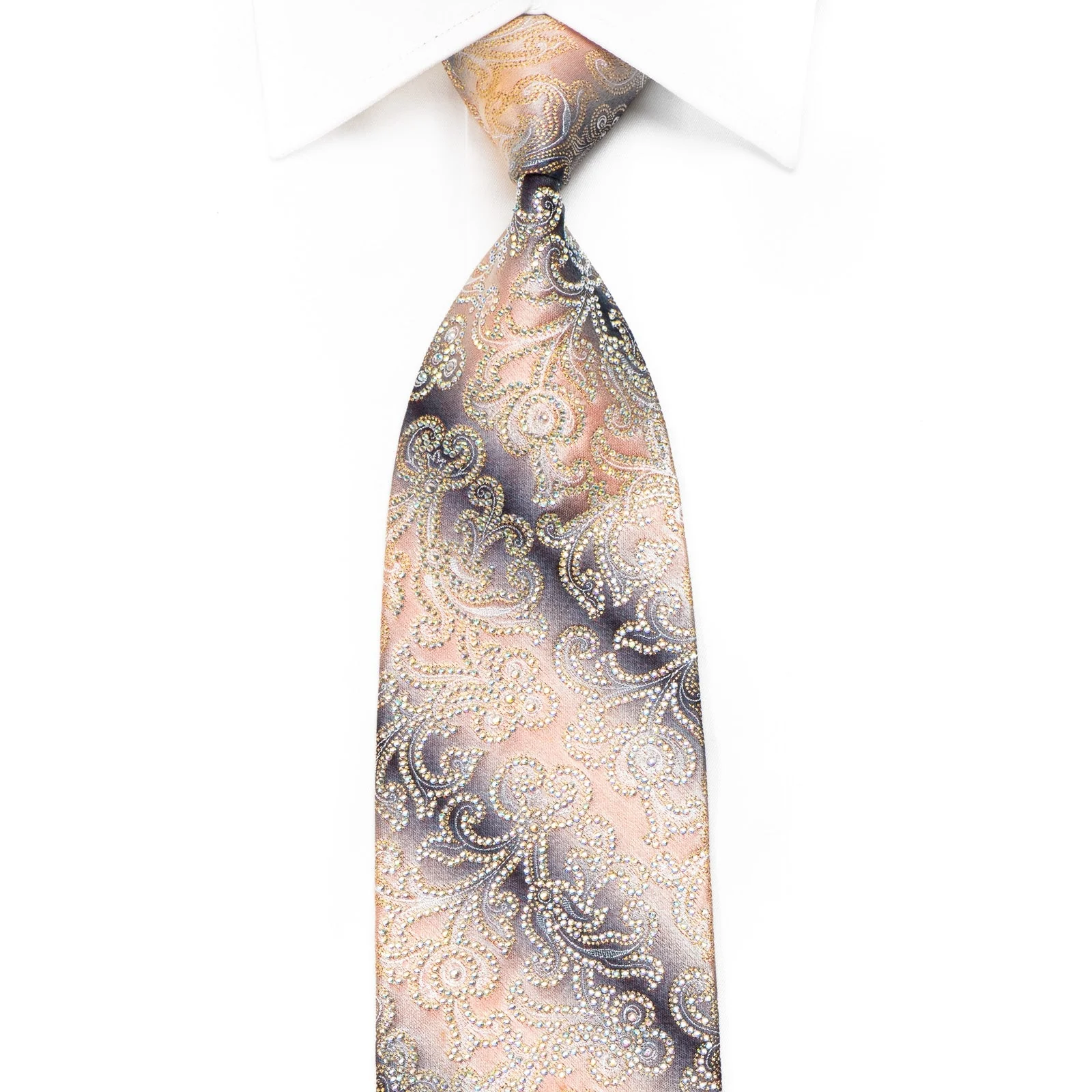 Louis Quatorze Mens Crystal Rhinestone Silk Necktie Paisley On Peach Gray With Silver Sparkles