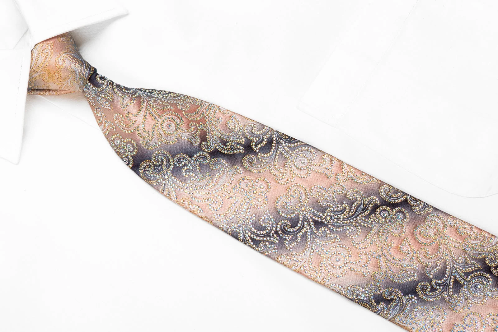 Louis Quatorze Mens Crystal Rhinestone Silk Necktie Paisley On Peach Gray With Silver Sparkles - Image 2