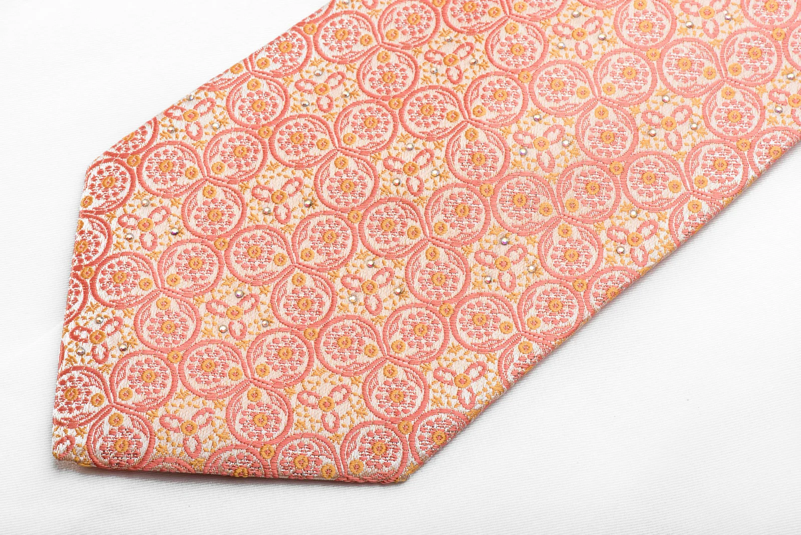 Louis Quatorze Mens Crystal Silk Tie Pink Medallions On Pink With Silver Sparkles - Image 3