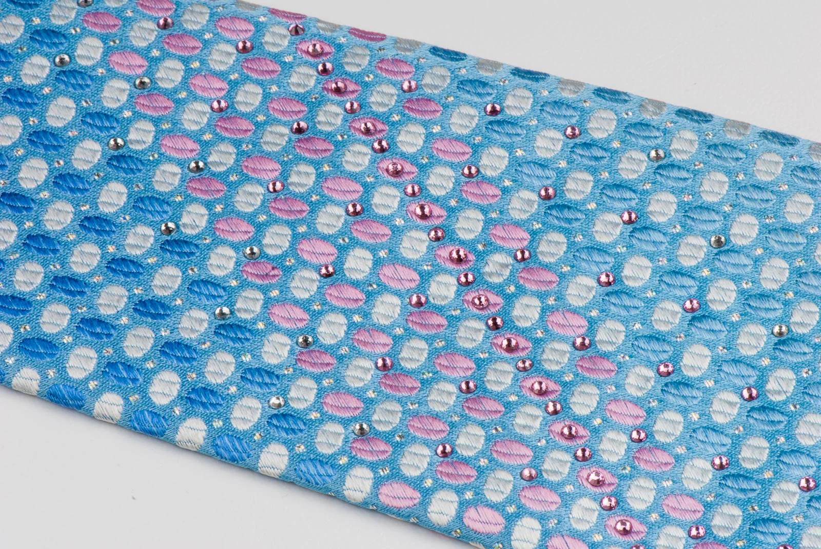 Louis Quatorze Rhinestone Neck Tie Pink & White Geometric Ovals On Blue Silk - Image 3