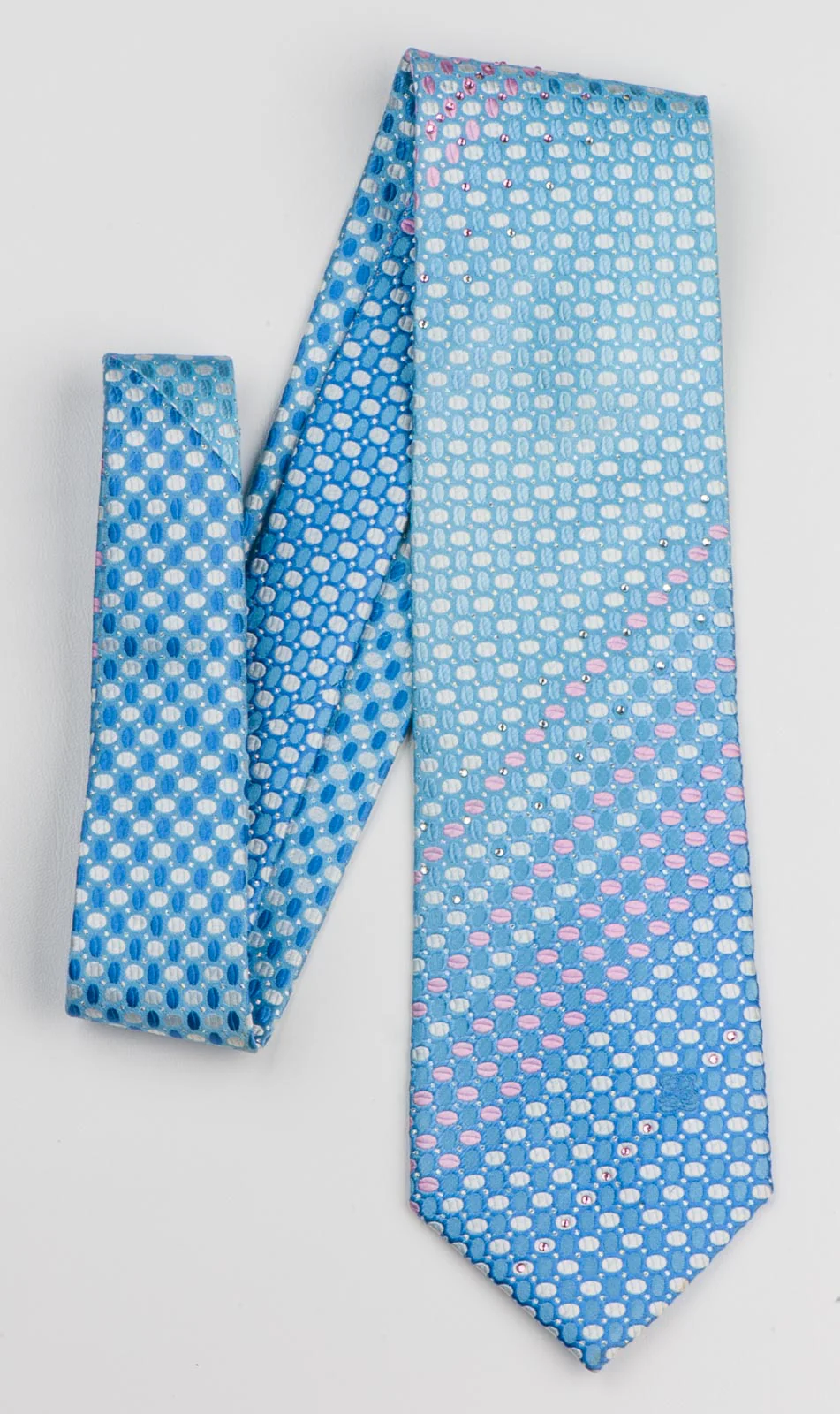 Louis Quatorze Rhinestone Neck Tie Pink & White Geometric Ovals On Blue Silk - Image 4
